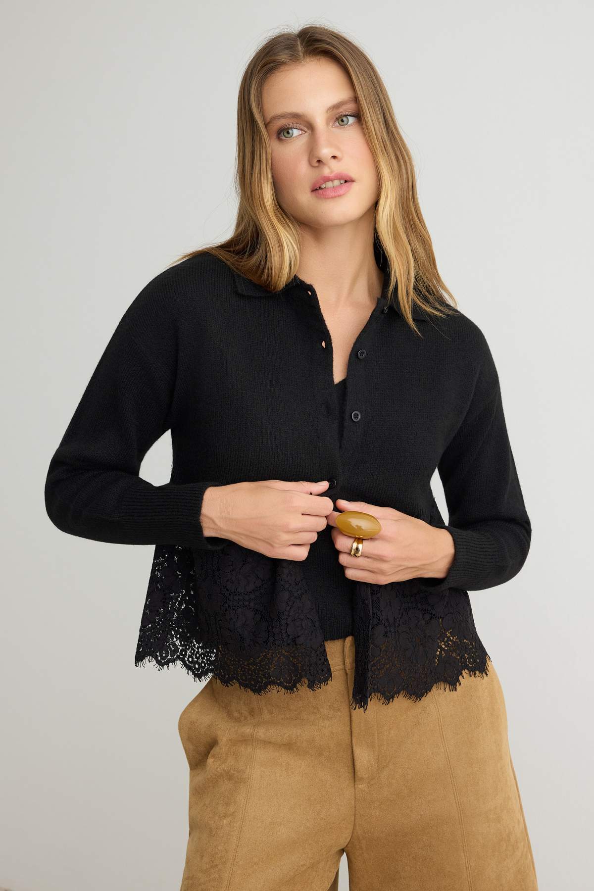 Trendyolmilla Siyah Dantelli Polo Yaka Hırka-Bluz 2'li Takım Triko Hırka TWOAW27HI00152