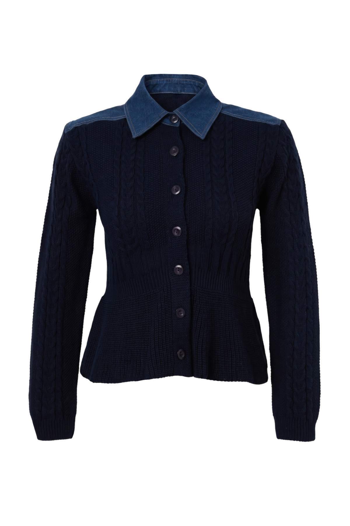 Trendyolmilla Lacivert Denim Garnili Saç Örgü Triko Hırka TWOAW27HI00140