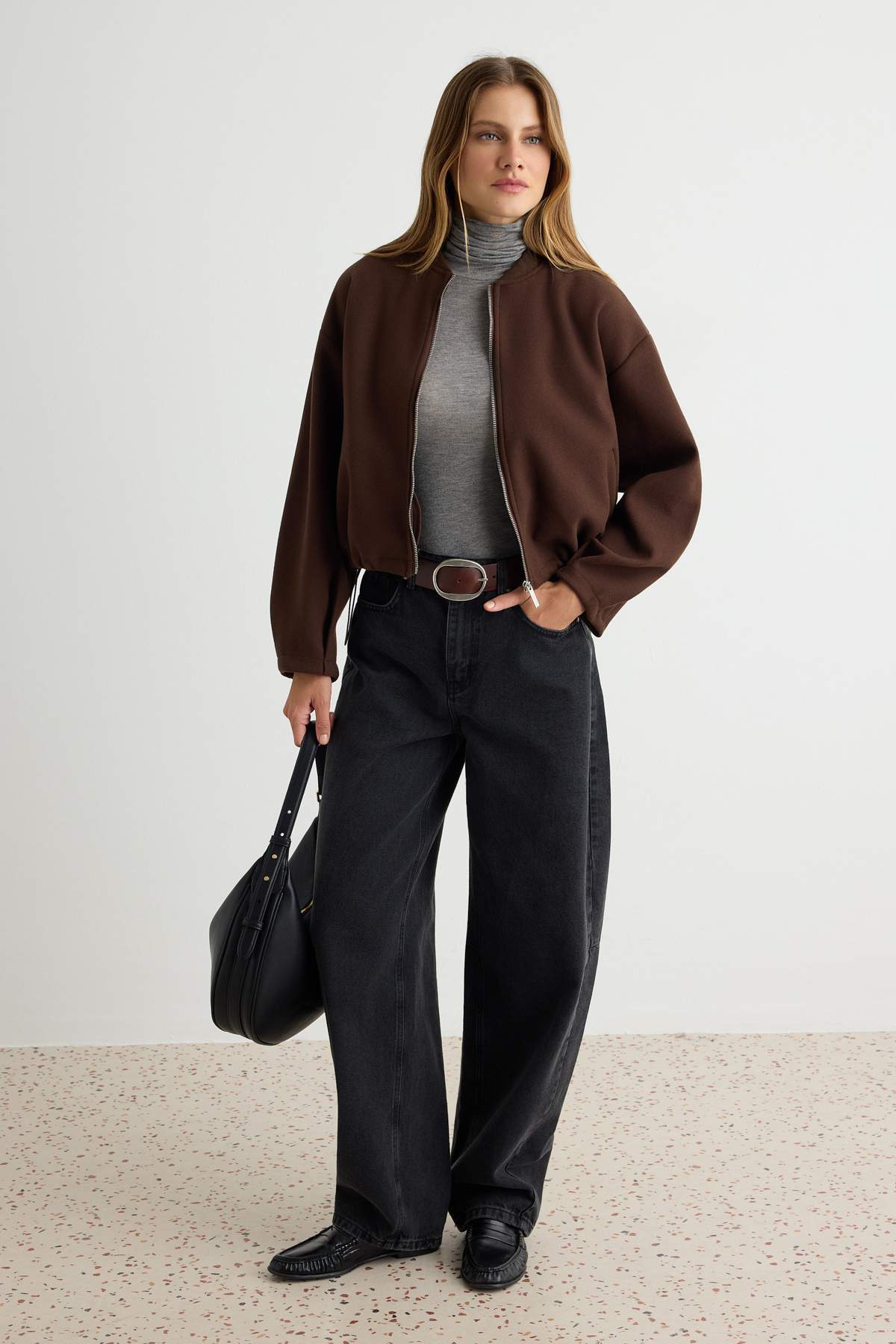 Trendyolmilla Kahverengi Oversize Kaşe Bomber Ceket Mont TWOAW25MO00053