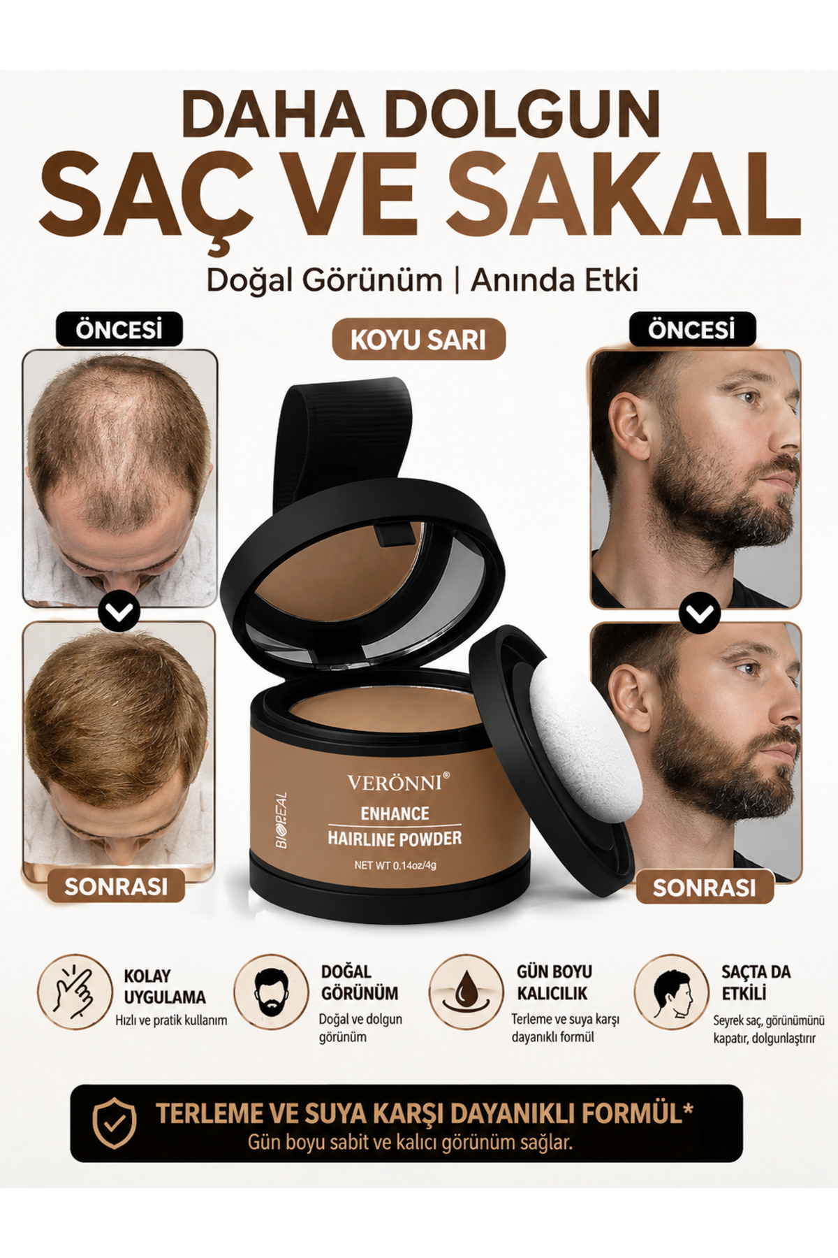 BİOREAL Saç Dolgunlaştırıcı Koyu Sarı Pudra | Seyrek Sakal Saçlar için Saç Fiberi | Suda Çıkmaz Boya — زرد Kellik kapatıcı sakal saç kapatici