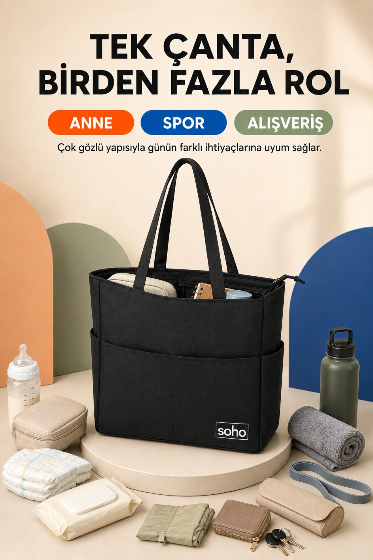 SOHO Orijinal Çok Gözlü Geniş İç Hacimli Su Geçirmez & Fermuarlı Yan Cepli Tote Bag | Ofis Okul Üniversite Spor İçin Askılı Anne Shopper Günlük Çok Amaçlı El Kol ve Omuz Çantası | Büyük Boy - 35x34x9 cm görsel 4