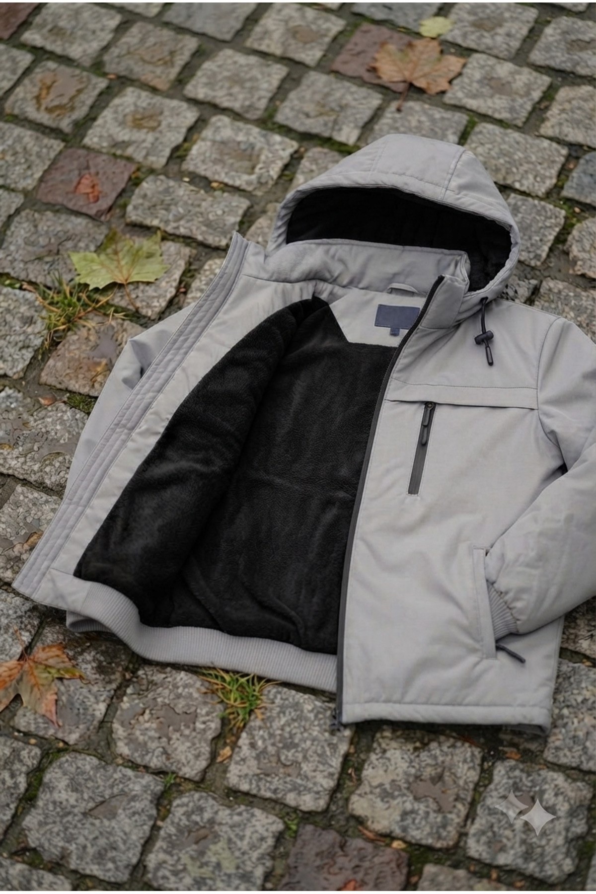 lumt Gri İçi Polarlı Yağmurluk Rüzgarlık Ceket Bay Bayan Uyumlu 3 cepli Çıkarılabilir Kapşonlu ve Ayarlanabilir Bel Lastikli Unisex Su ve Rüzgar İtici / Fleece - Lined Raincoat / Windbreaker Unisex görsel 4