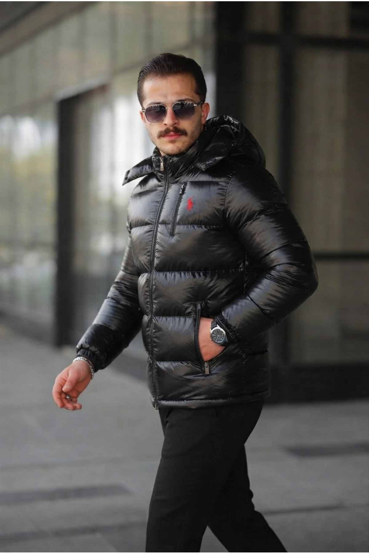 کاپشن مردانه کلاه دار مشکی پددار با جیب و زیپ — مشکی hareketn11 — تصویر 3 از 3