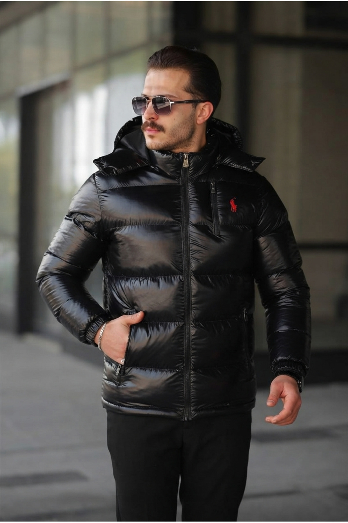 کاپشن مردانه کلاه دار مشکی پددار با جیب و زیپ — مشکی hareketn11 — تصویر 2 از 3