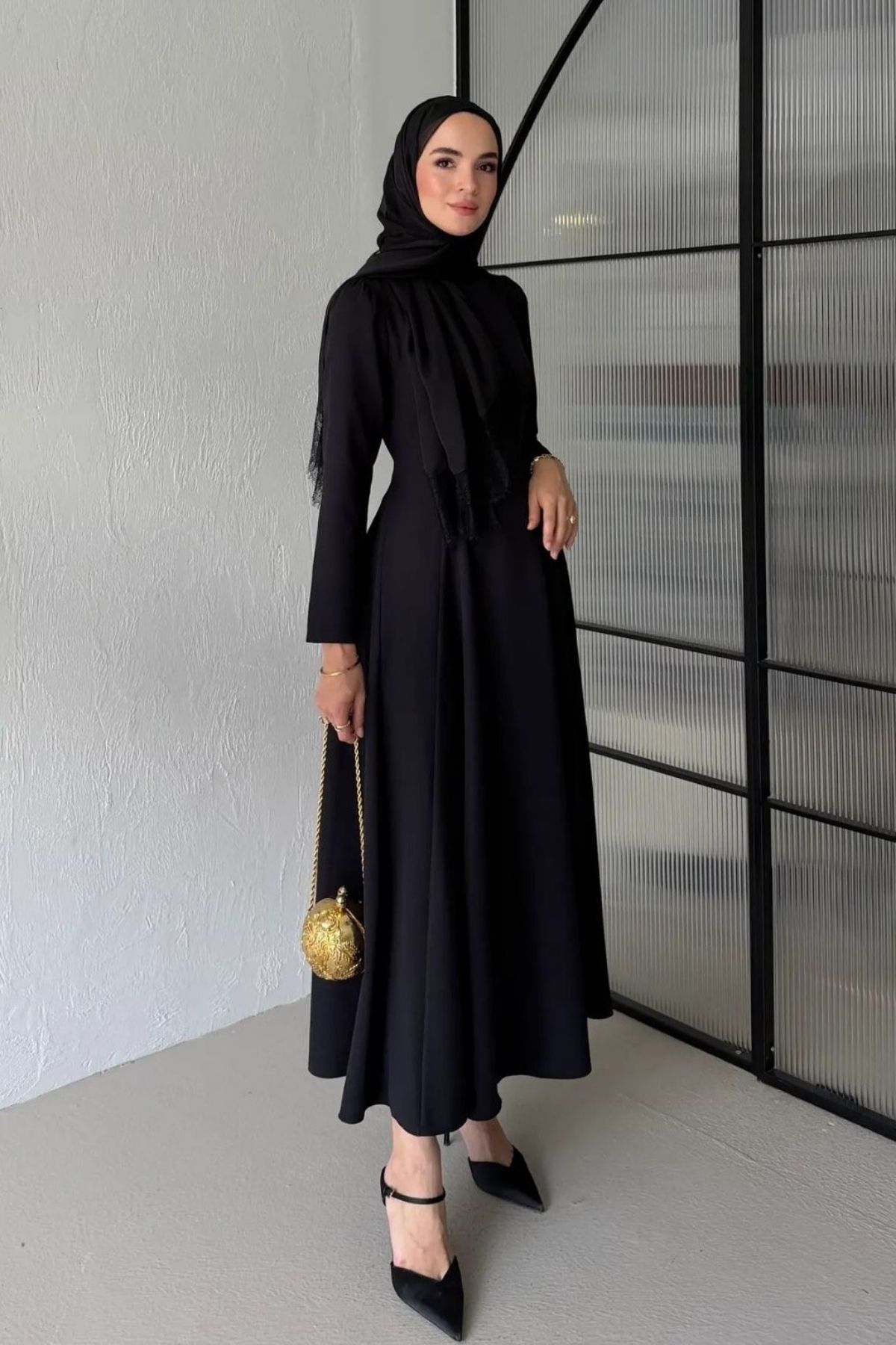 MAG FASHİON Tesettür Elbise Siyah Eteği Çan Elbise Tesettür Abiye Elbise Tesettür Mezuniyet Elbisesi görsel 3