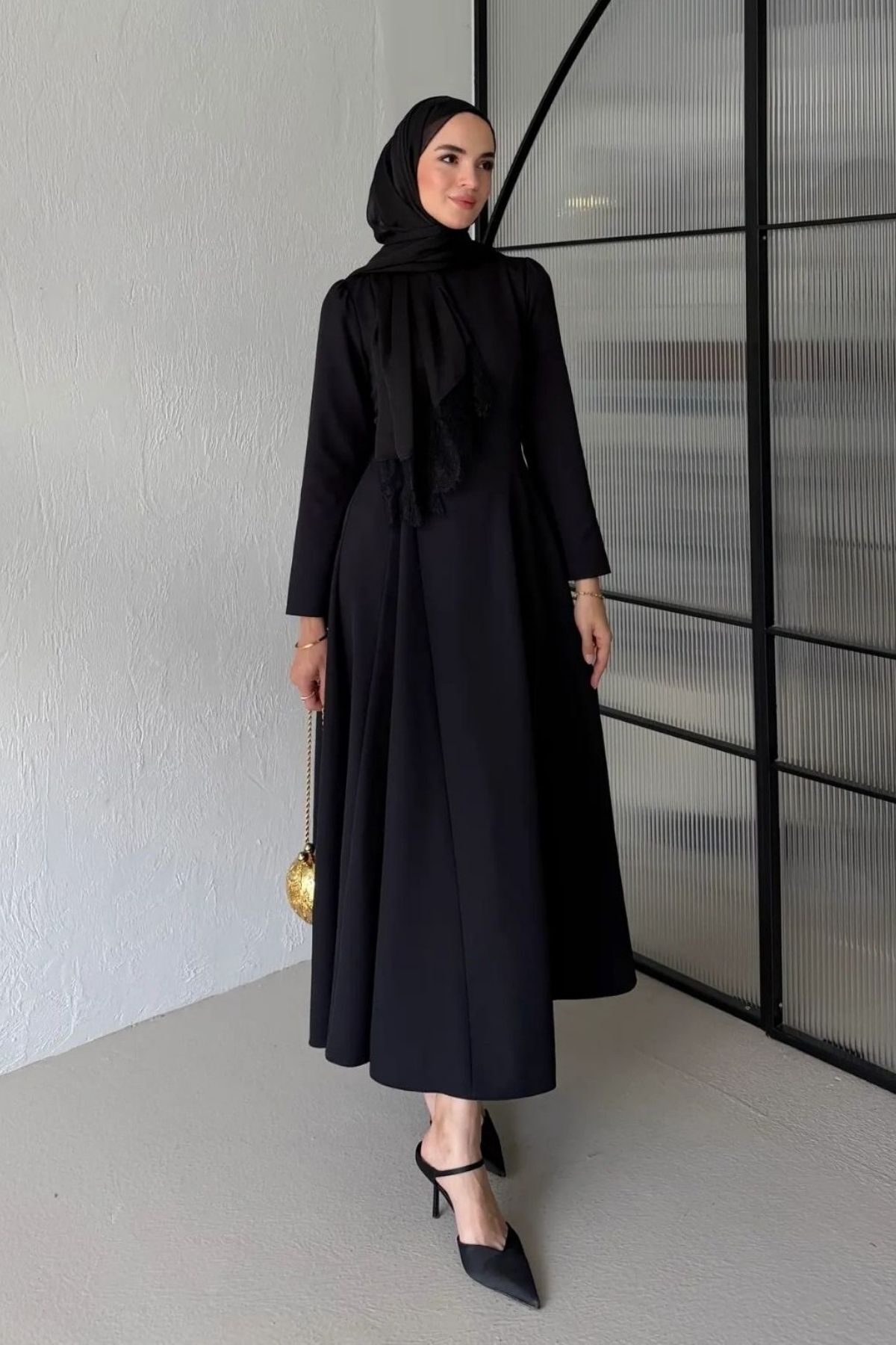 MAG FASHİON Tesettür Elbise Siyah Eteği Çan Elbise Tesettür Abiye Elbise Tesettür Mezuniyet Elbisesi görsel 4