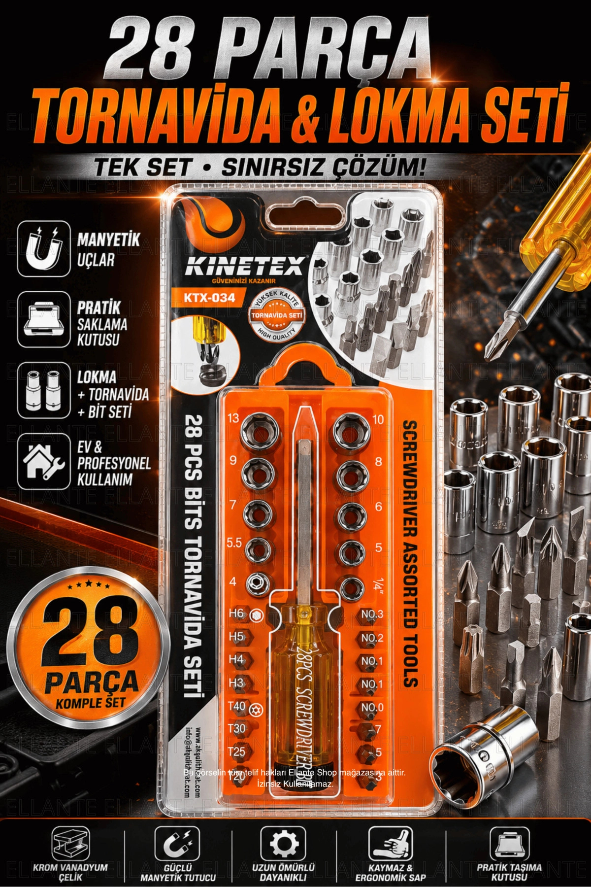ellante Kinetex 28 Parça Tornavida ve Lokma Seti Manyetik Bit Uçlu