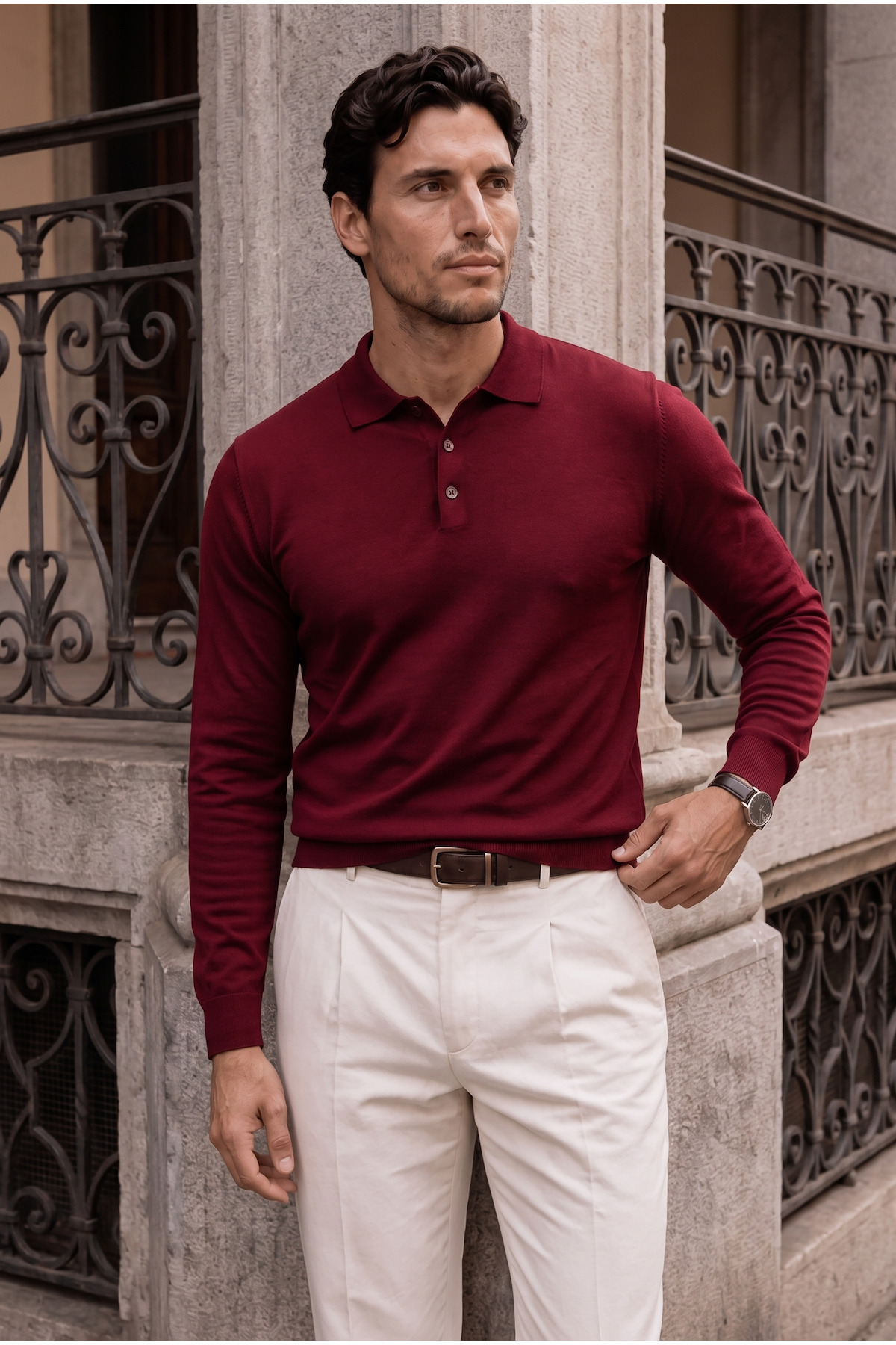 Valiberta Portofino Premium Düğmeli Polo Yaka İnce Erkek Triko Kazak - Bordo — زرشکی BK10034