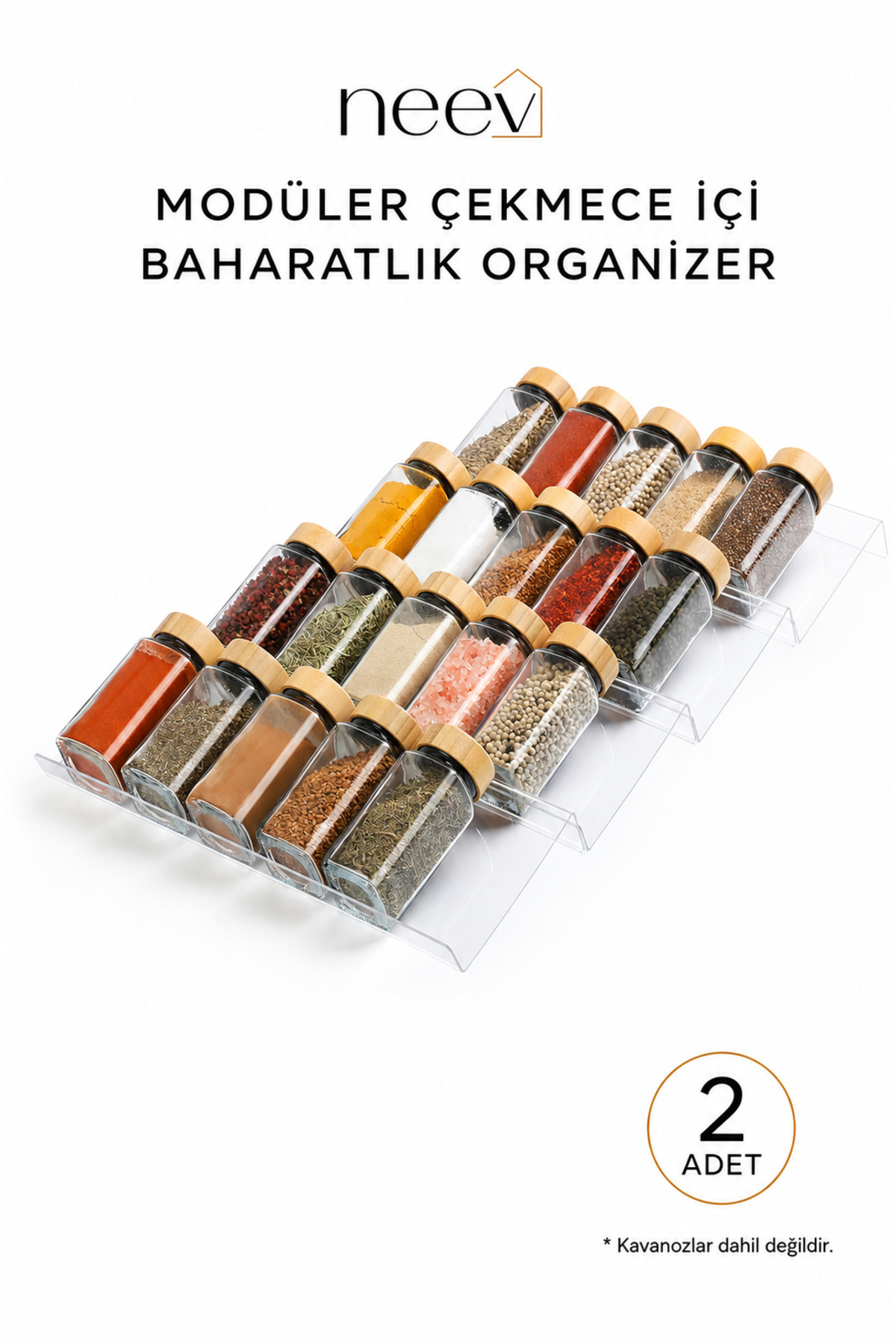 Neev 2’li Modüler Şeffaf Çekmece İçi Baharatlık Standı – Ayarlanabilir Z Organizer, İç İçe ve Üst Üste Kullanılabilir | 30,5 × 13,5 × 2,5 cm