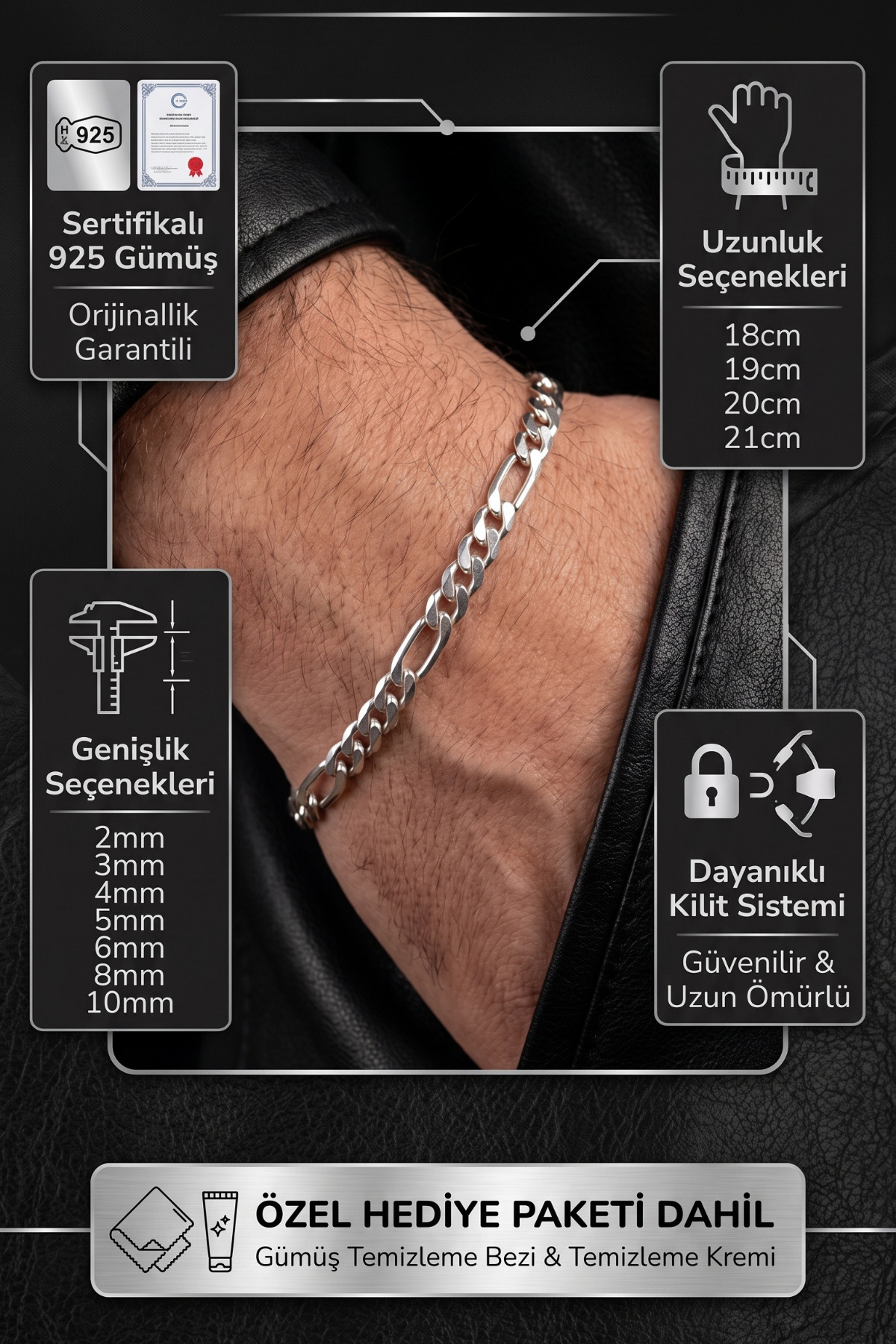 OSMANLI GÜMÜŞ 2 mm Figaro Model Erkek 925 Ayar Gümüş Bileklik Künye 253882842 görsel 3