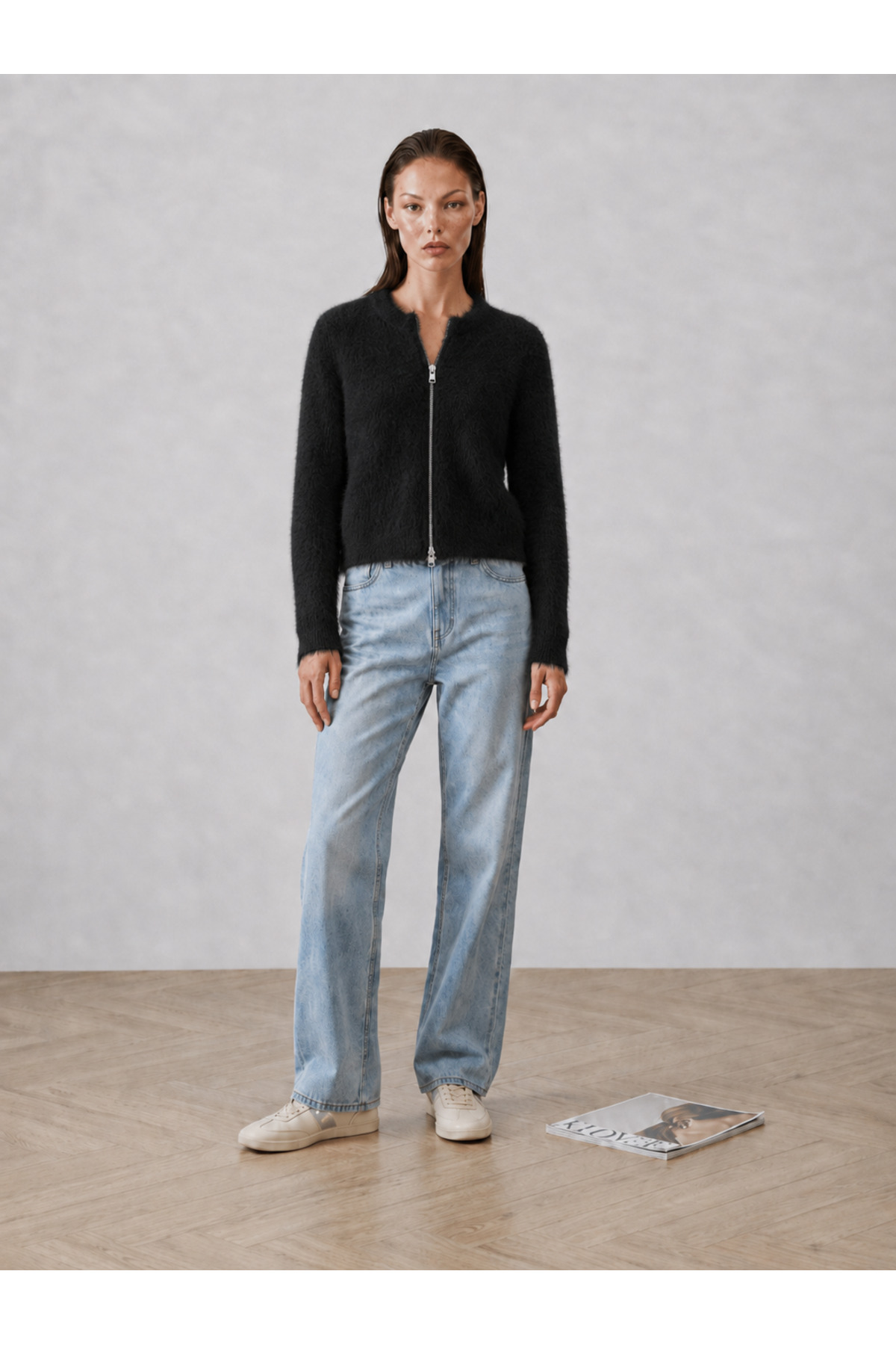 NATUFIAN STORE Kadın Tüylü Yumoş Çift Fermuarlı Basic Triko Hırka görsel 3