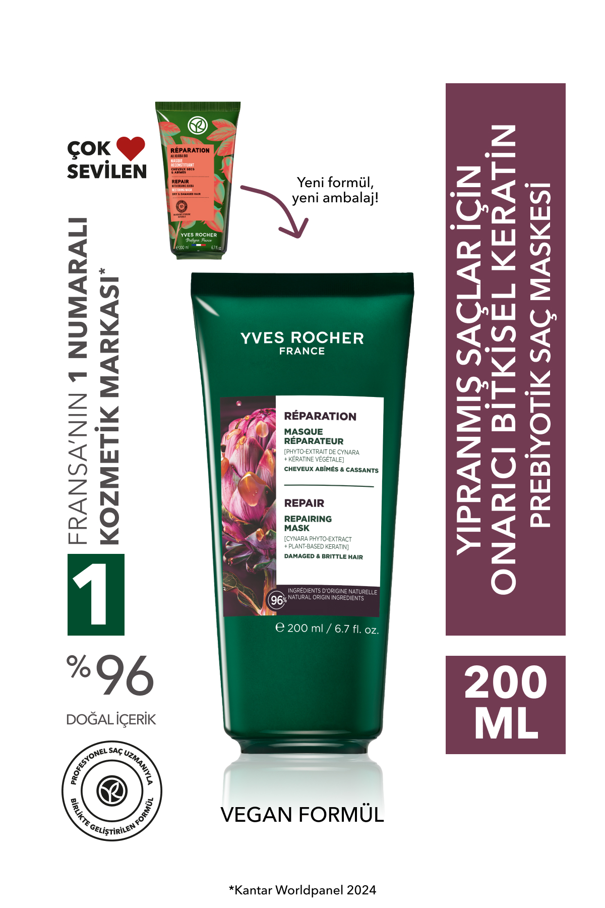 Yves Rocher Onarıcı Bitkisel Keratin Prebiyotik Saç Maskesi - Yıpranmış Saçlar / Reparation -Vegan -200ml — 95467
