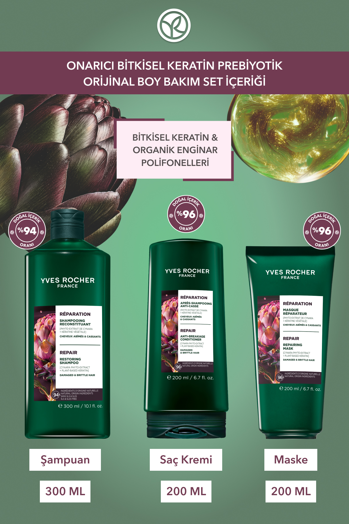 Onarıcı Bitkisel Keratin Prebiyotik Orijinal Boy Bakım Seti -Şampuan 300 ml & Saç Kremi 200 ml & Mas — 9917047 — تصویر 3 از 4