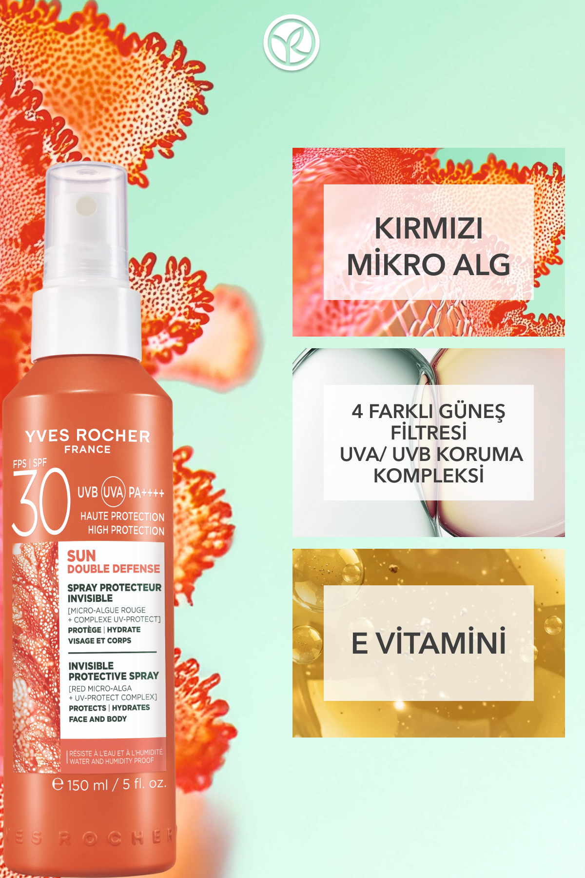 اسپری ضد آفتاب صورت و بدن - SPF 30 / Sun Double Defense - جلبک میکرو قرمز 150ML