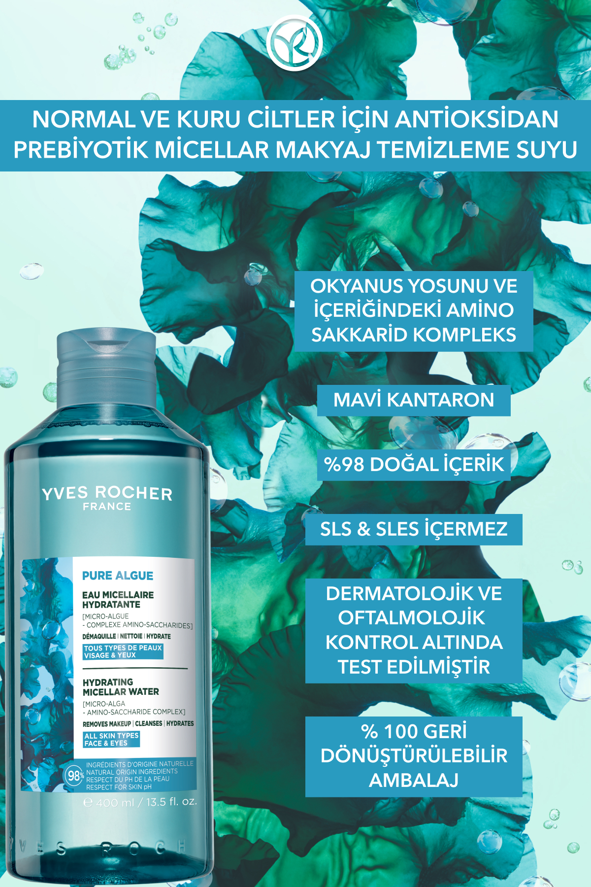 Makyaj Temizleme Micellar Suyu-Normal ve Kuru Cilt -Pure Algue Nemlendirici  Botanik Kompleks 400ml — 22047 — تصویر 4 از 7