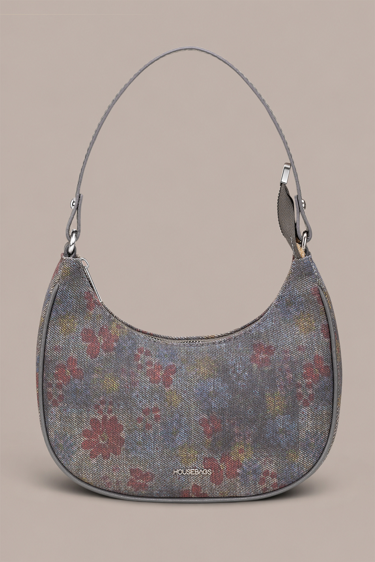 Housebags Dumanlı Gri/Smoke Grey Denim Vintage Floral Hobo Kadın Omuz Çantası, Silver Metal Detaylı, Fermuarlı görsel 3