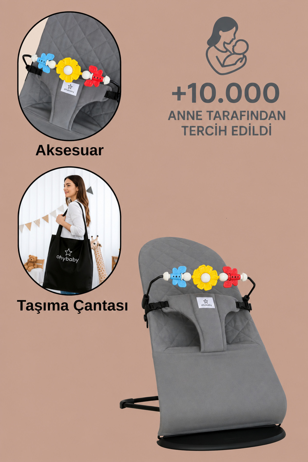 OHYO Oyuncaklı Premium Cotton Bebekler Için Üç Kademeli Kolay Taşınabilir Sallanan Ana Kucağı -gri