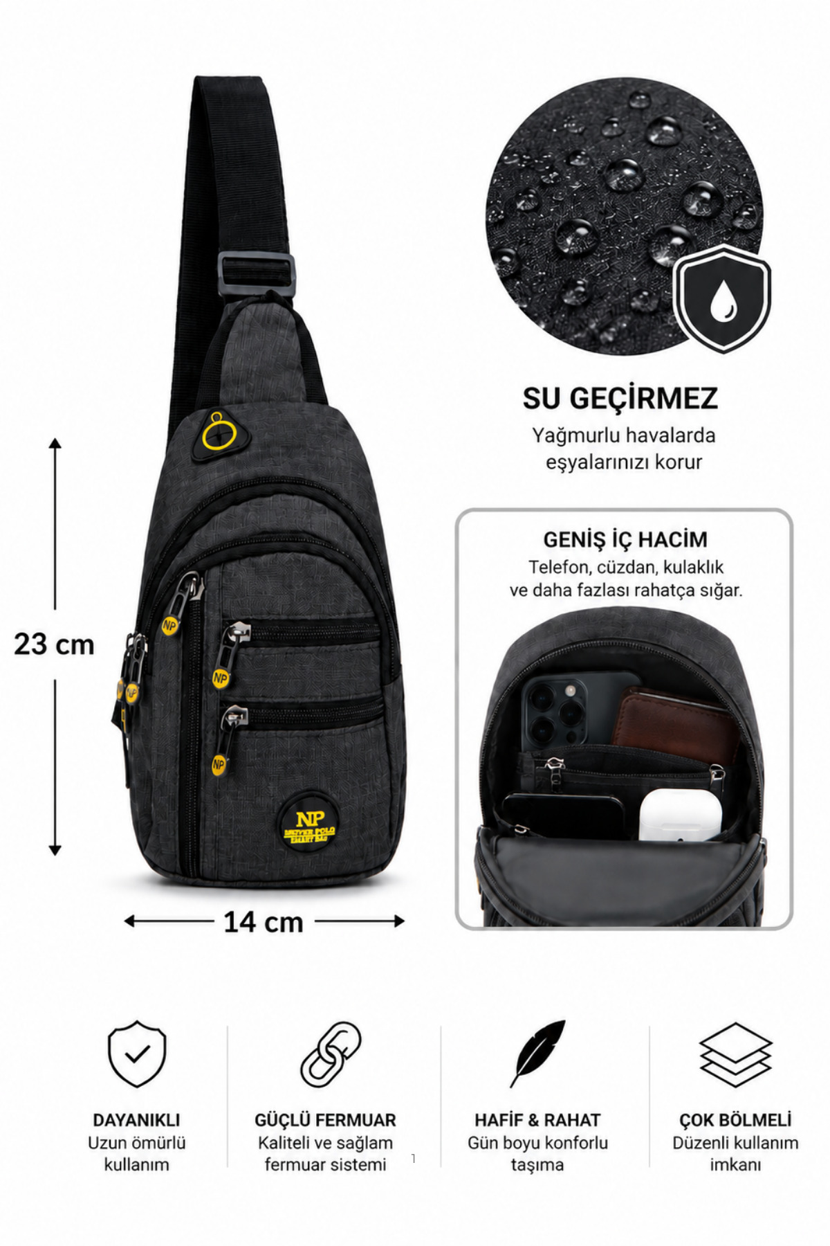 NEWISH POLO ACCESSORIES Unisex Su Geçirmez Kulaklık Usb Çıkışlı Çapraz Askılı Çanta Bel Omuz Ve Göğüs Çanta Günlük Bodybag görsel 2