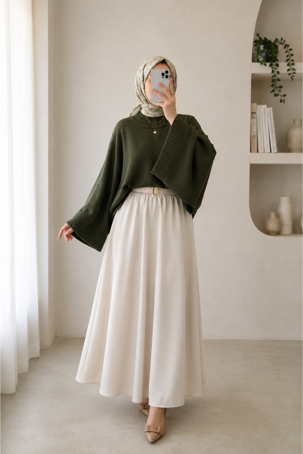 Gülce moda Kadın Yarasa Kol Oversize Triko Kazak Haki görsel 3