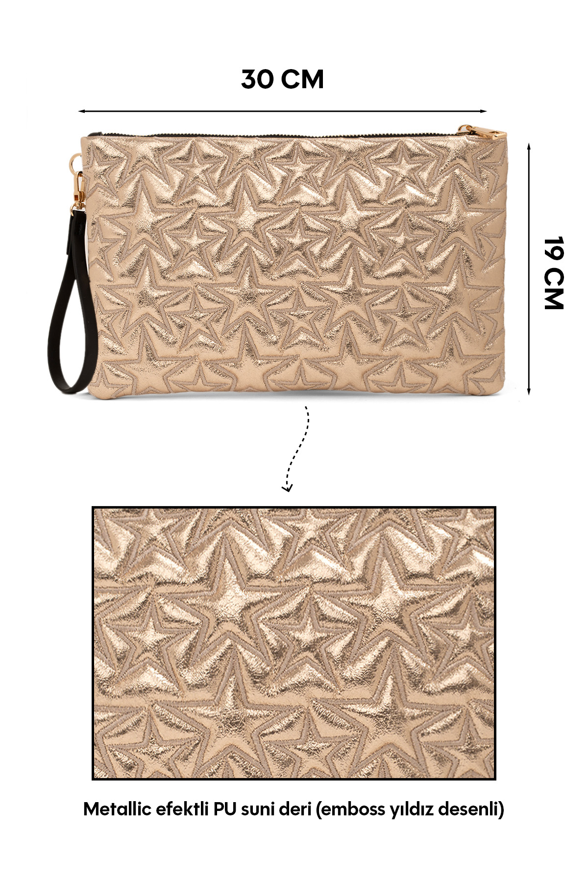 Ecrou Yıldız Desenli Gold Parlak Portföy & Clutch Çanta Çıkarılabilir Bileklik Askılı 30 × 19 cm görsel 7