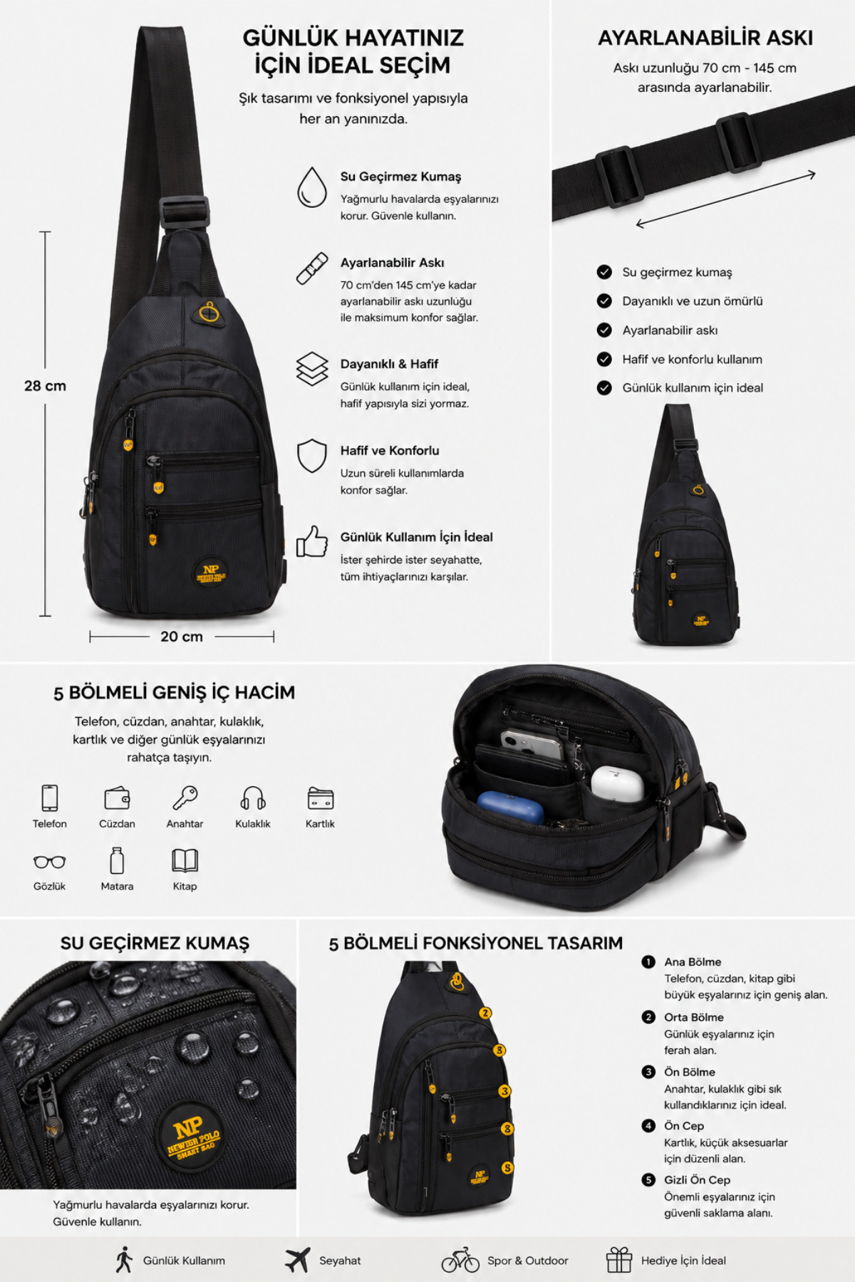 NEWISH POLO ACCESSORIES Unisex Su Geçirmez Kulaklık Usb Çıkışlı Çapraz Askılı Çanta Bel Omuz Ve Göğüs Çanta Günlük Bodybag görsel 3