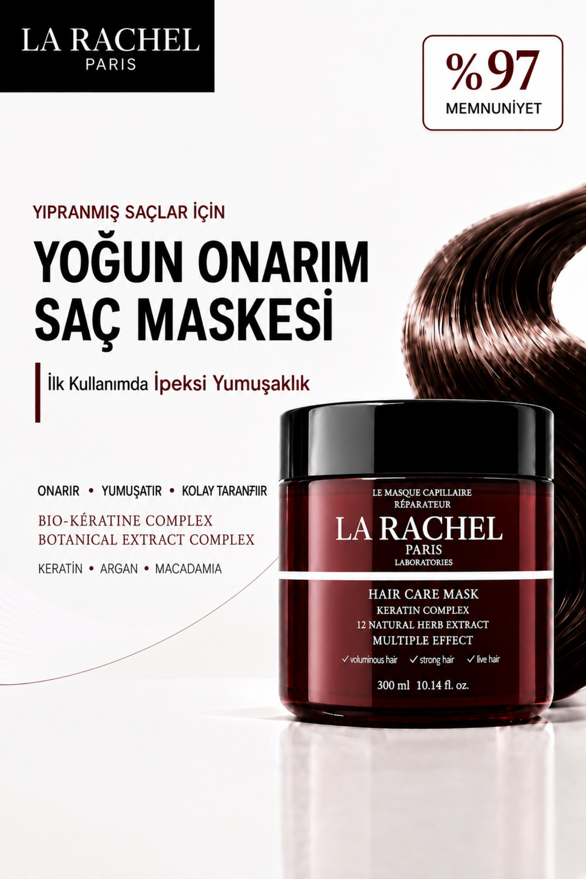 La Rachel Onarıcı Saç Maskesi Keratin & Argan İpeksi Yumuşaklık Yıpranmış Kuru Saç Bakımı