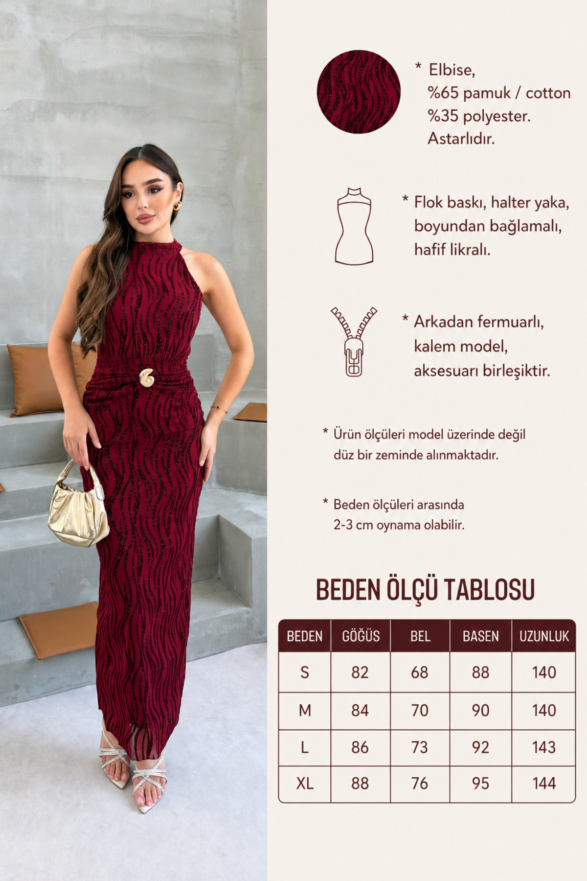 Nika Fashion Kadın Flok Baskı Boyundan Bağlamalı Sim Detay Maxi Boy Elbise görsel 3