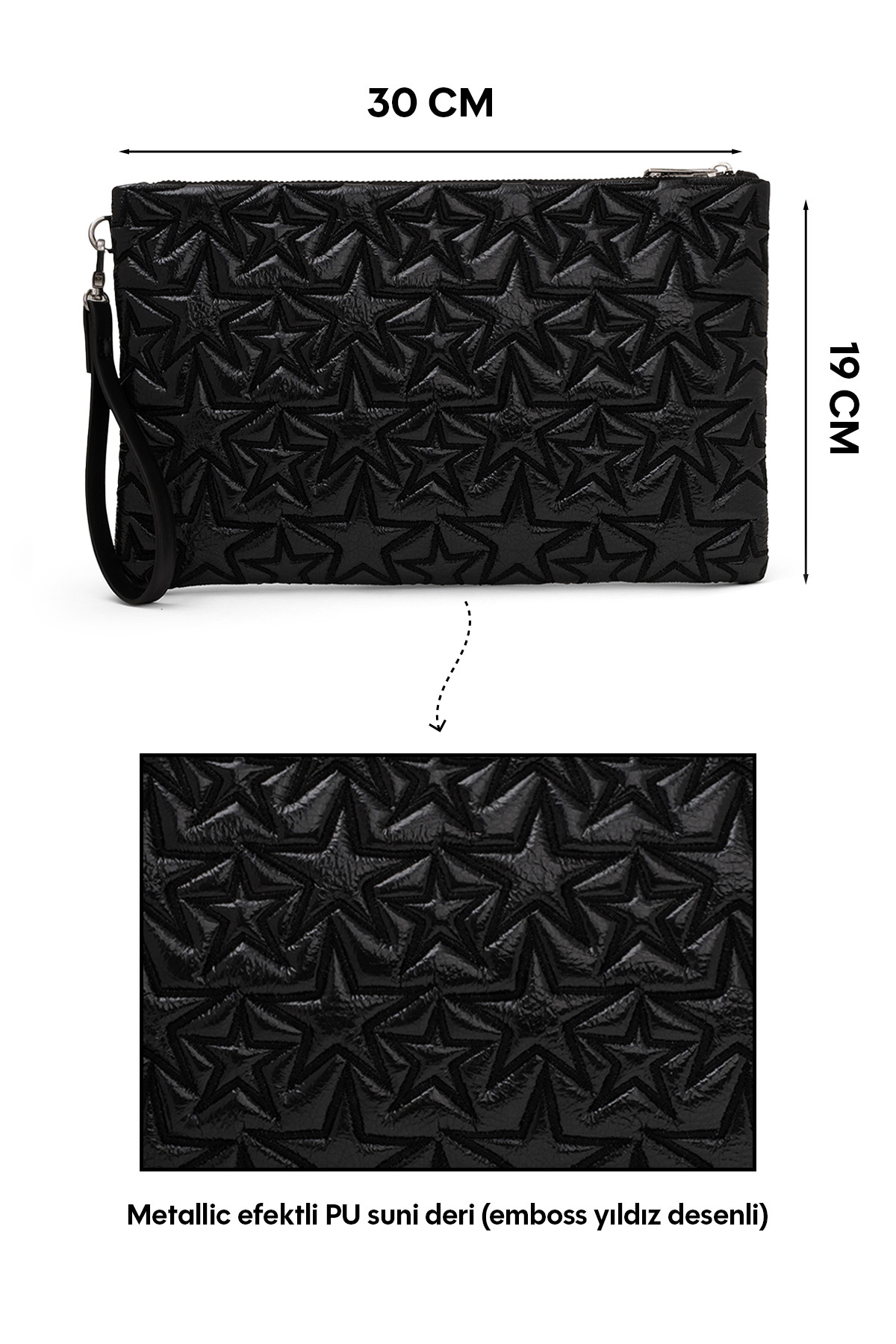 Ecrou Yıldız Desenli Siyah Parlak Portföy & Clutch Çanta Çıkarılabilir Bileklik Askılı 30 x 19 cm görsel 7