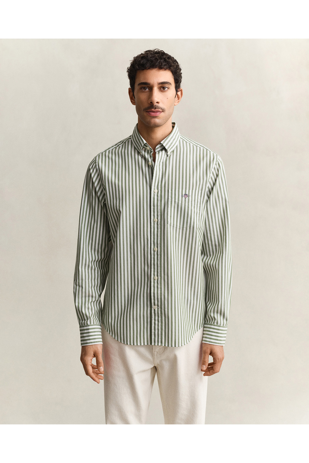 Erkek Yeşil Regular Fit Çizgili Logolu Gömlek — سبز 3260011 — تصویر 2 از 7