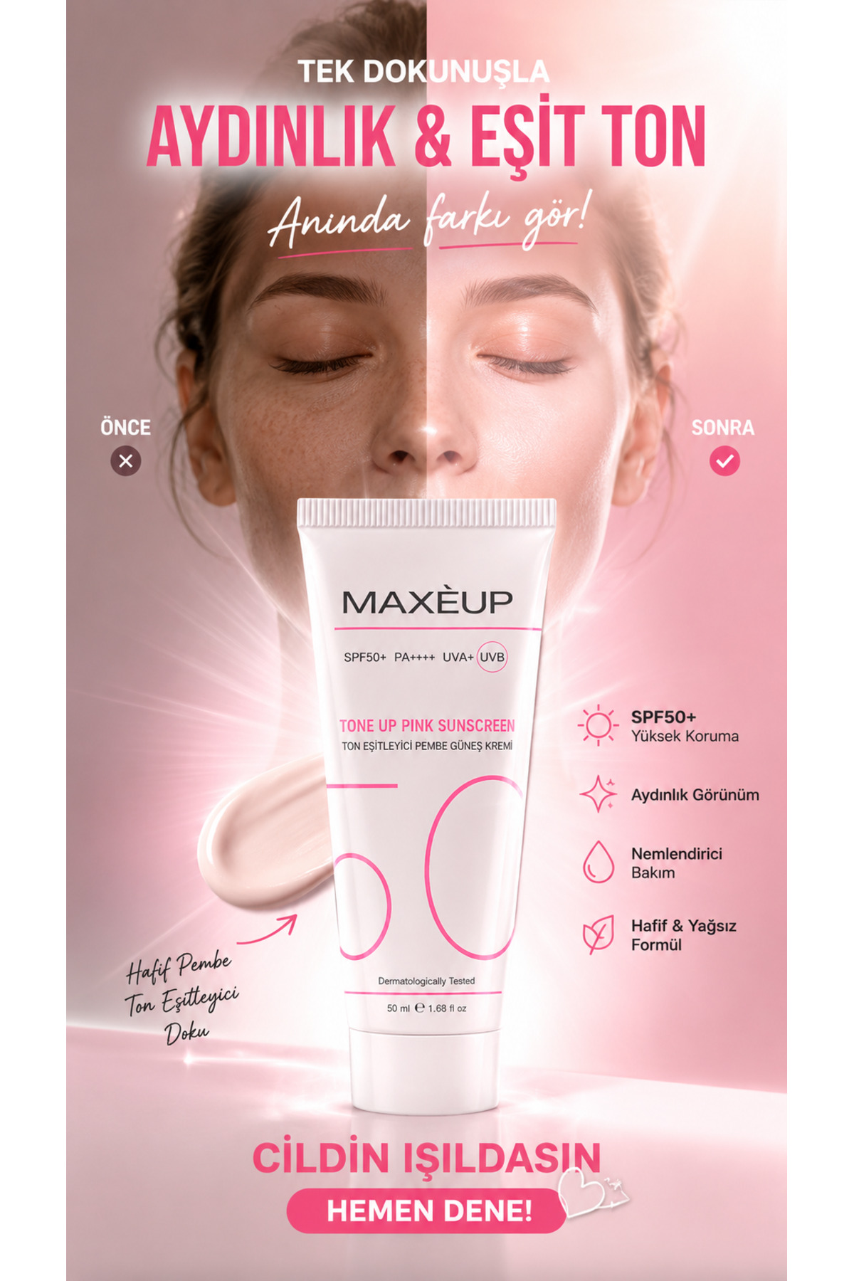 SPF 50+ Ton Eşitleyici Pembe Güneş Kremi | Hyaluronik Asit | Aydınlatıcı | Renk Eşitleyici | 50 ml — MAXE02 — تصویر 7 از 7