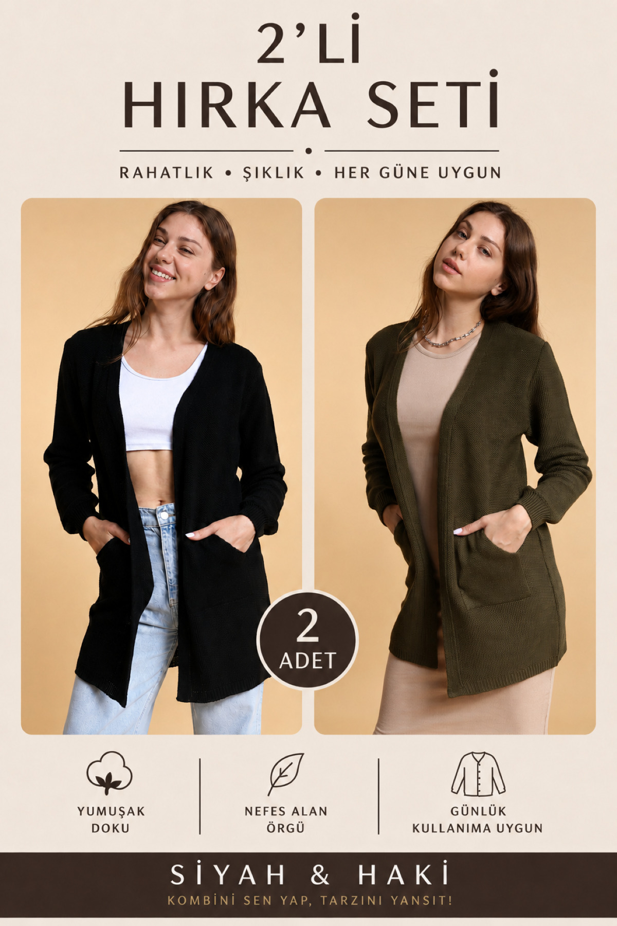 Devinka Kadın Haki-Siyah 2'li Paket Mevsimlik Triko Hırka