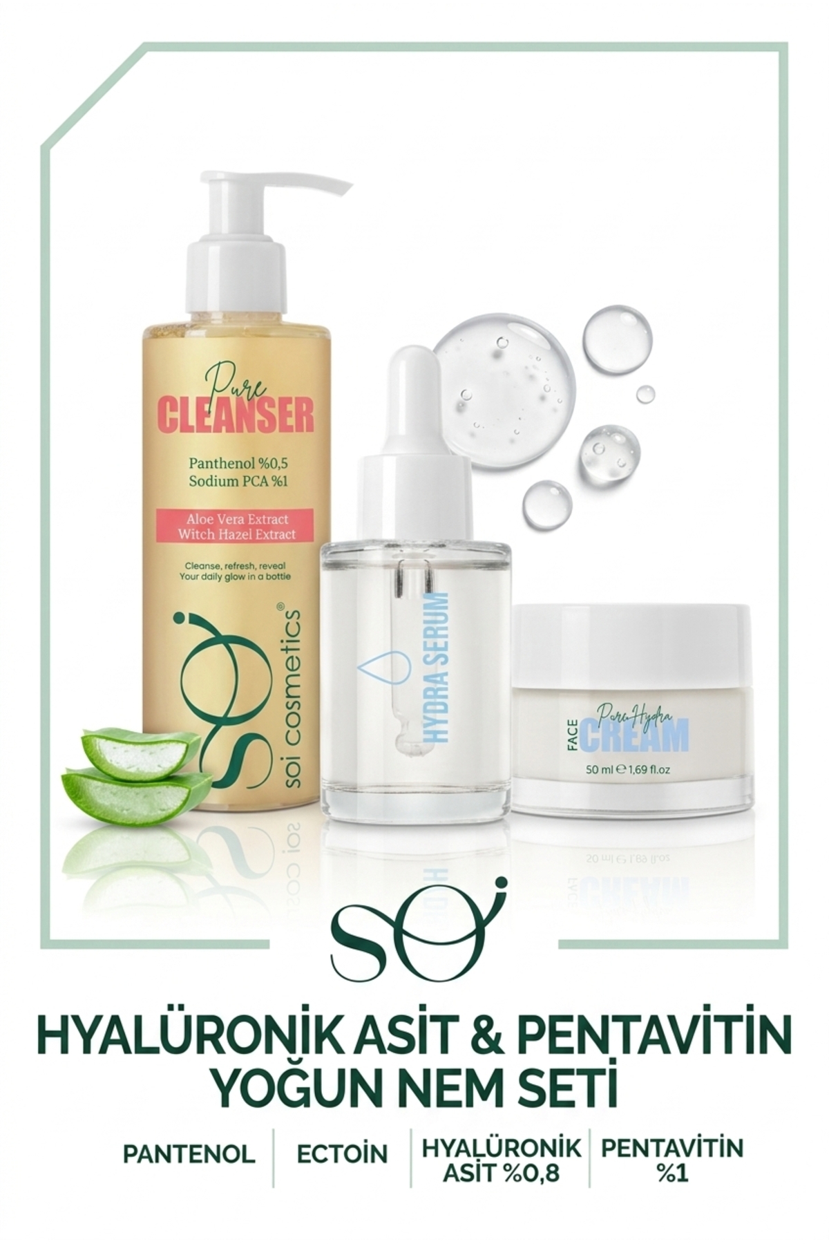 SOI Cosmetics Soi Yoğun Nem Seti - Sülfatsız Temizleyici + Ectoinli Hyalüronik Asit Serum + Pentavitinli Nem Kremi 3'lü Set 200ml 30ml 50ml — Soi-Set03
