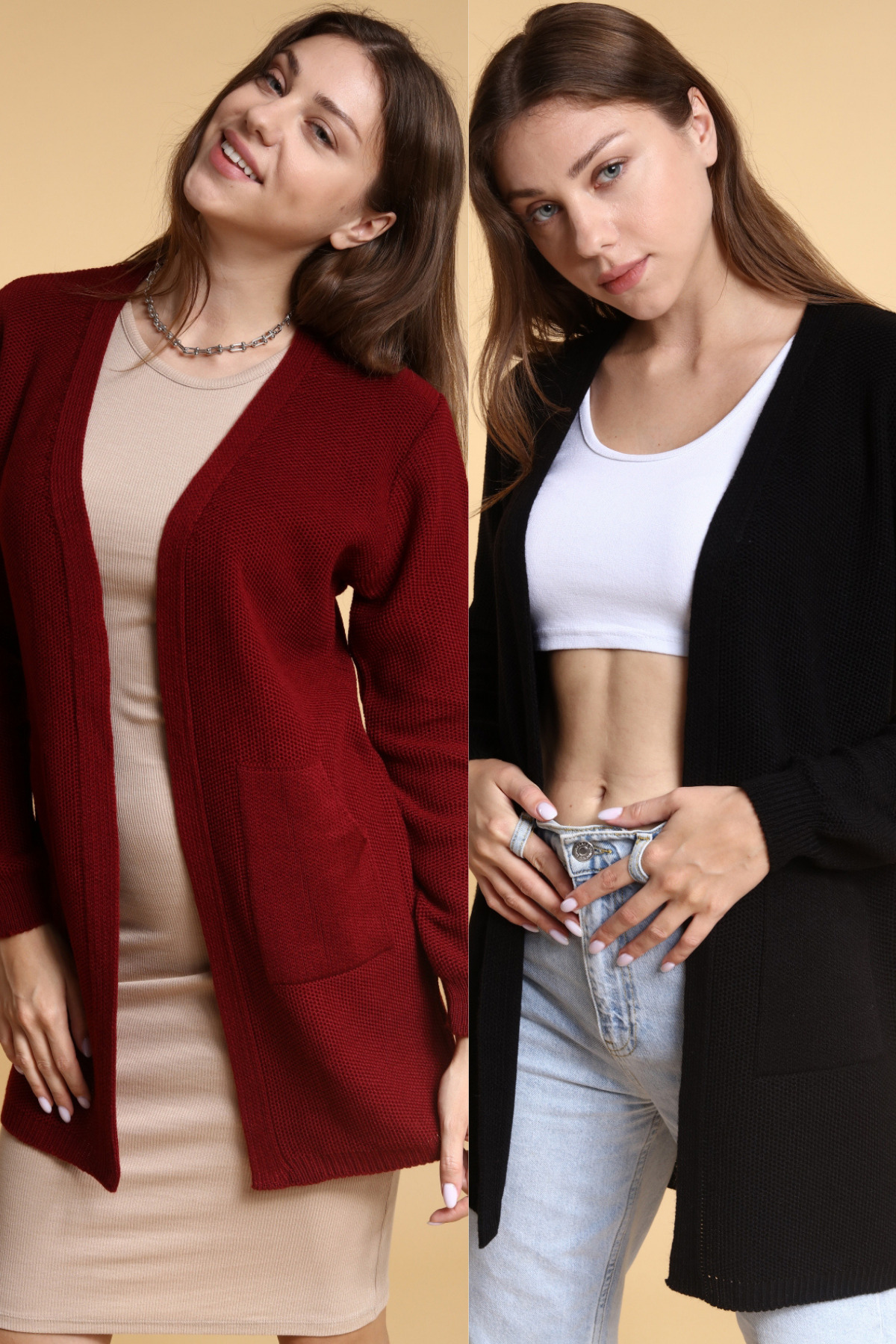 Devinka Kadın Bordo-Siyah 2'li Paket Mevsimlik Triko Hırka görsel 4