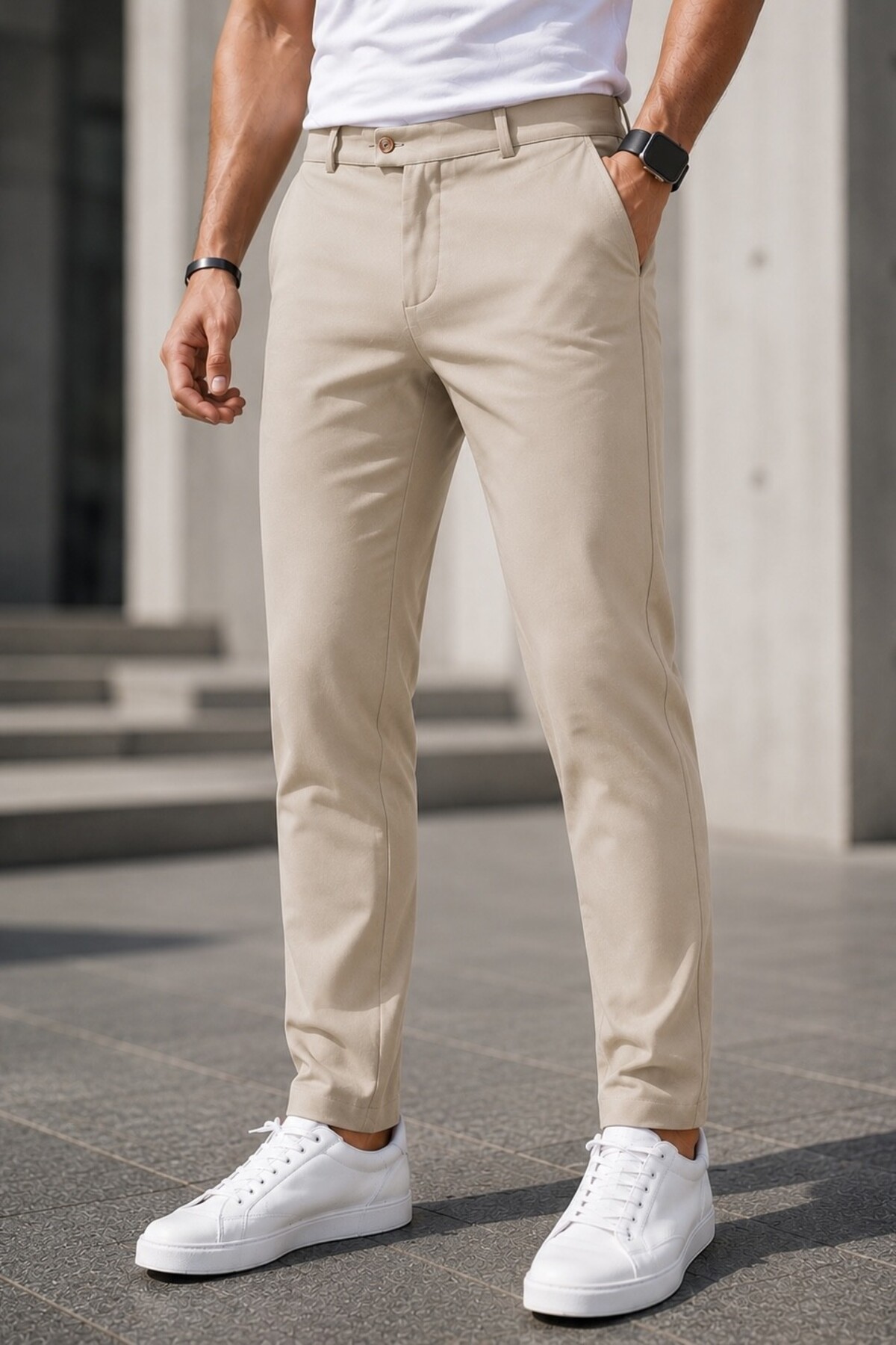 Gussi Erkek Bej Renk Kaliteli Esnek Likralı Slim Fit Kumaş Pantolon