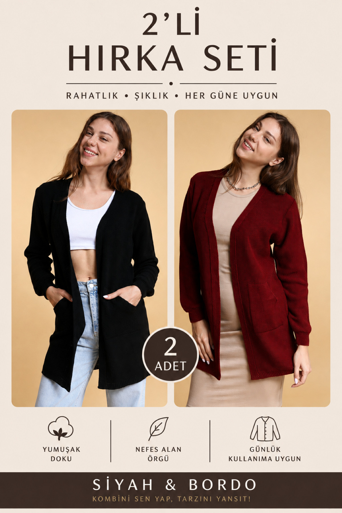 Devinka Kadın Bordo-Siyah 2'li Paket Mevsimlik Triko Hırka