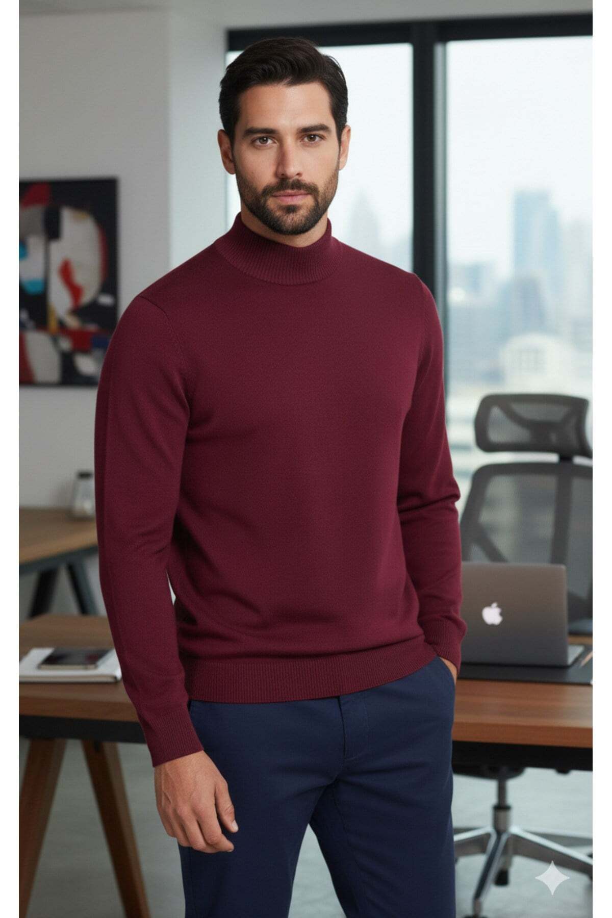 Millionaire Erkek Bordo Yarım Balıkçı Yaka Standart Normal Kesim Regular Fit Akrilik Karışımlı Triko Kazak