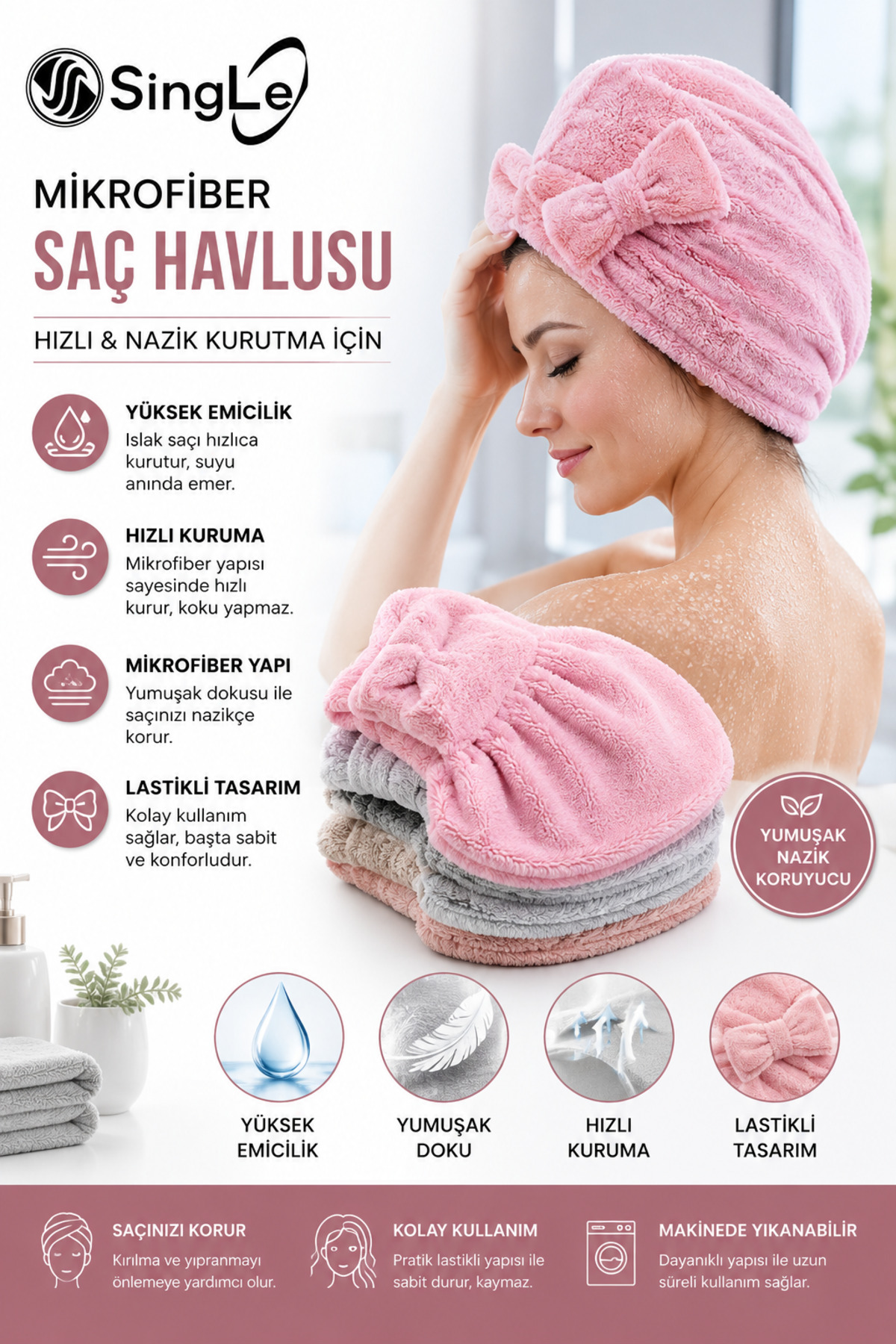 Single ( 1 ADET ) Mikrofiber Saç Havlusu, Saç Bonesi, Banyo Deniz