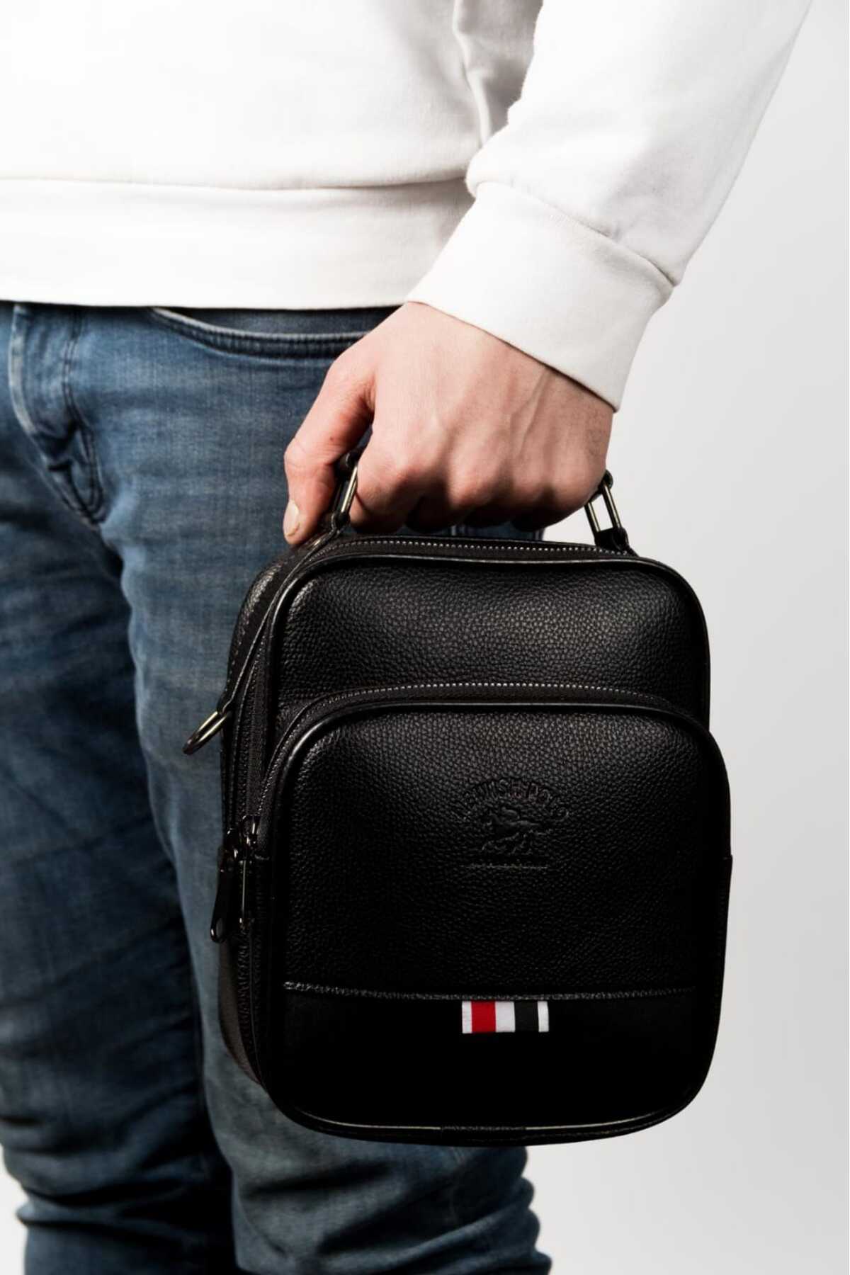 Newish Polo Erkek Siyah Deri Voyager Şık Günlük El Ve Omuz Çantası Şık Crossbody Günlük Erkek Seyahat Çantası görsel 7