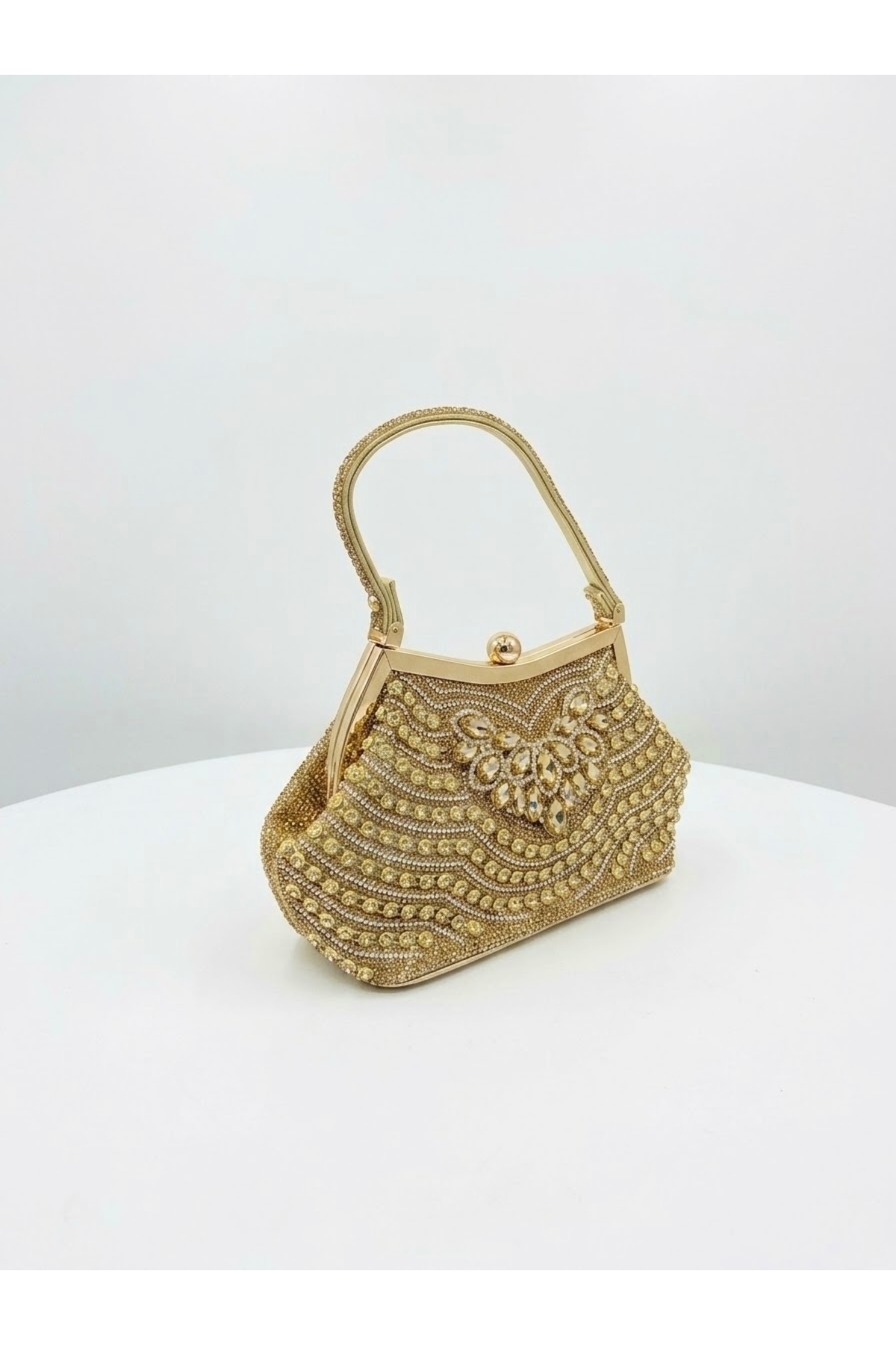 selma demir İthal Taş İşlemeli Detay Gold Davet Özel Gün Clutch Çanta görsel 2