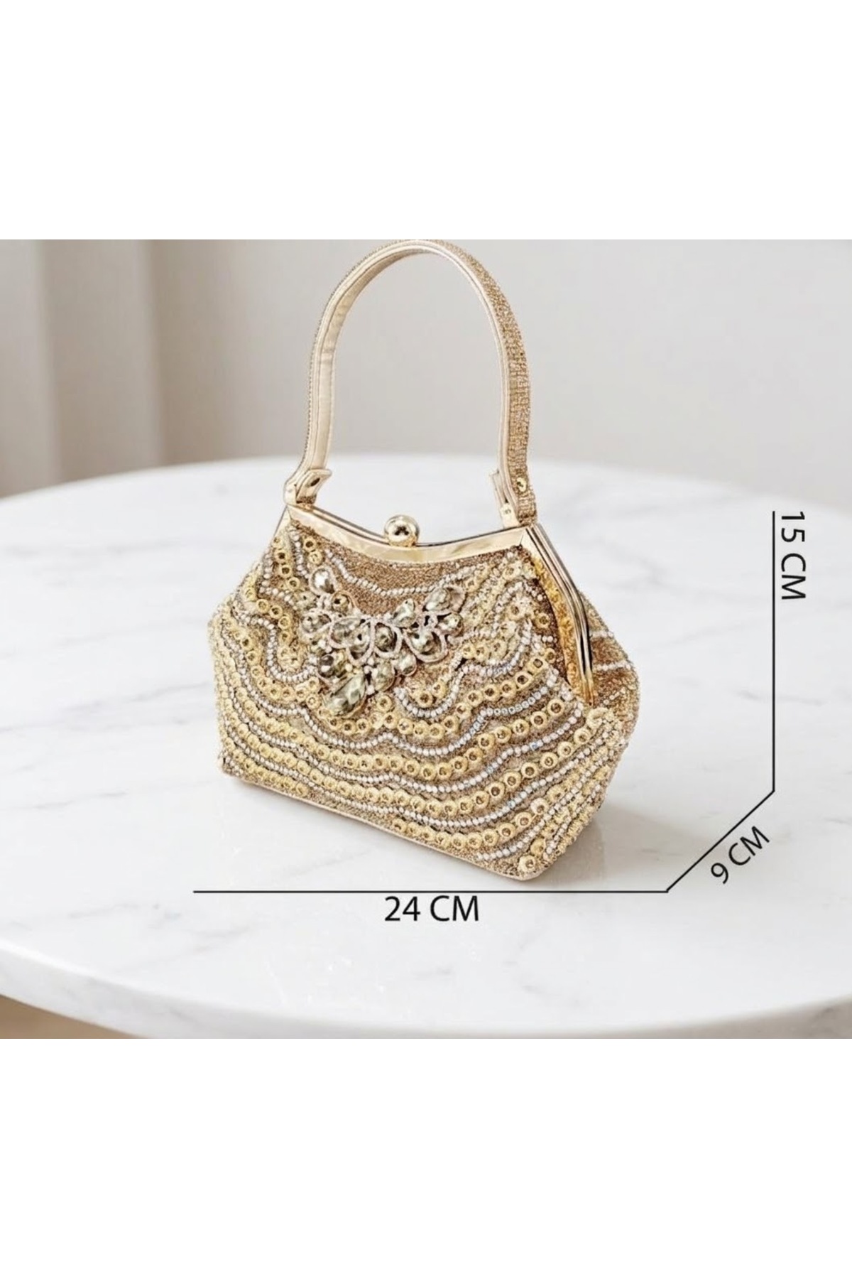 selma demir İthal Taş İşlemeli Detay Gold Davet Özel Gün Clutch Çanta