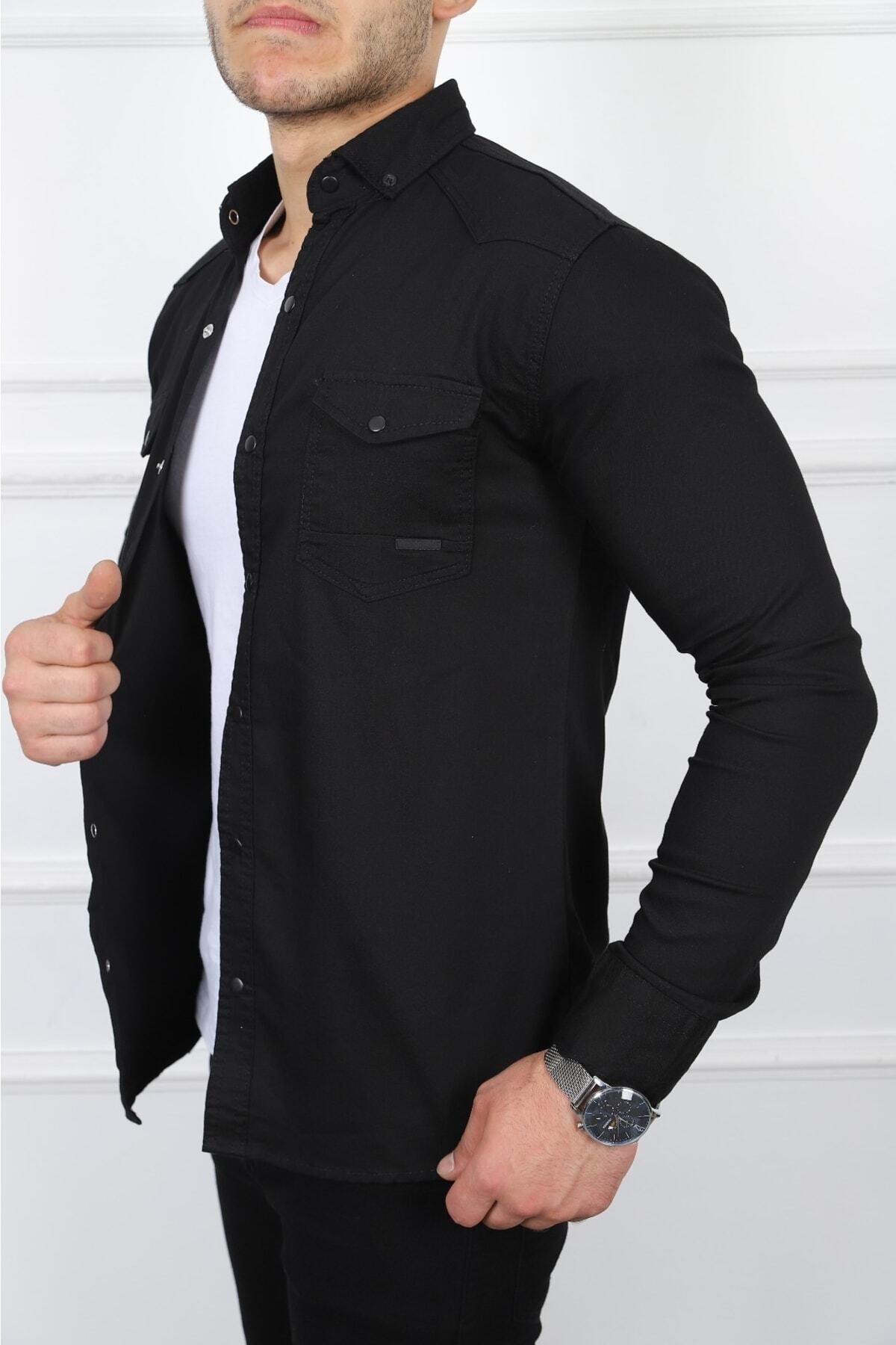 KOTCUBABA Erkek Kot Gömlek Slim Fit Siyah