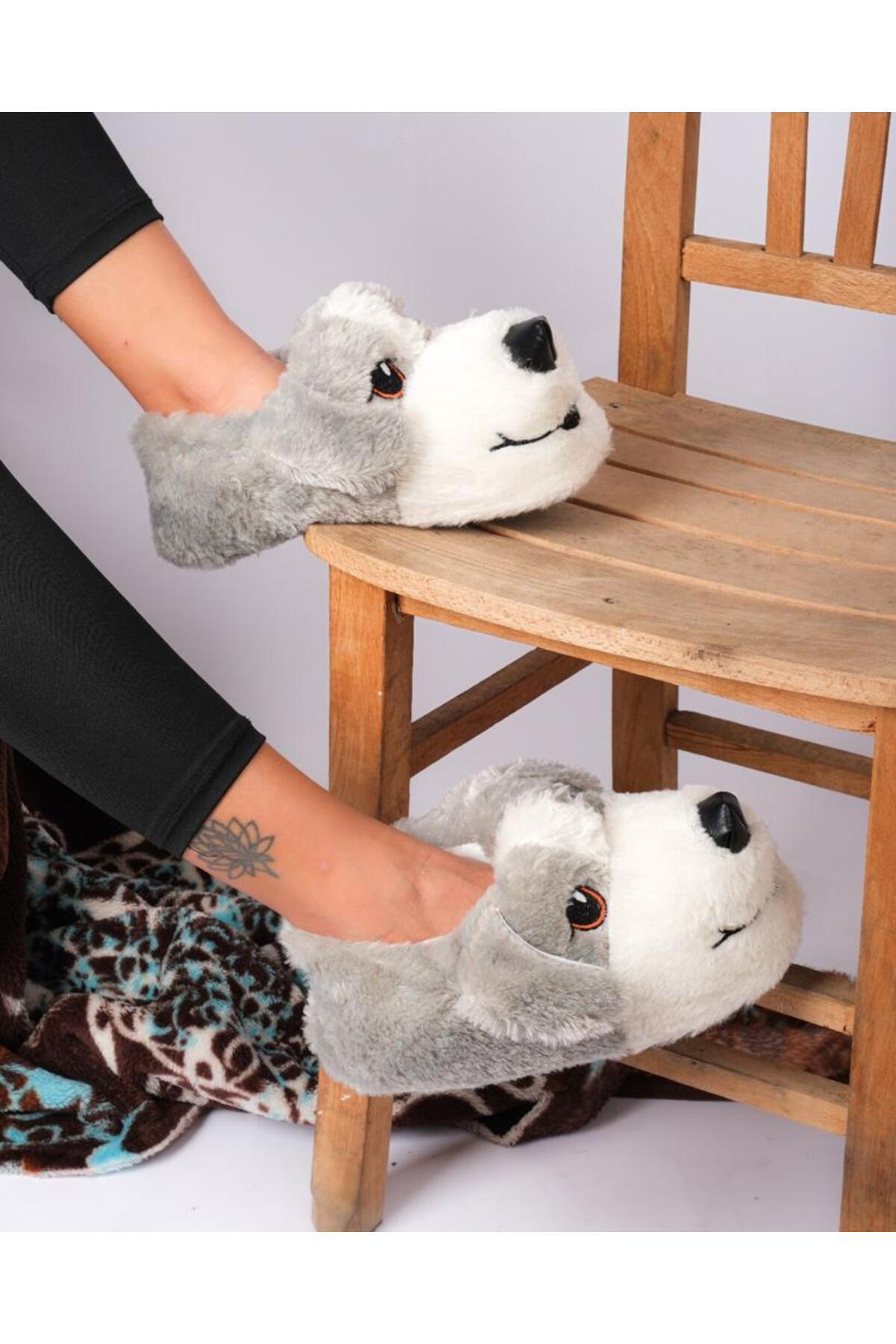 SELÇUK SÖNMEZ Gri Peluş Köpek Panduf Kadın Ev Terliği 36-44 Numara görsel 4