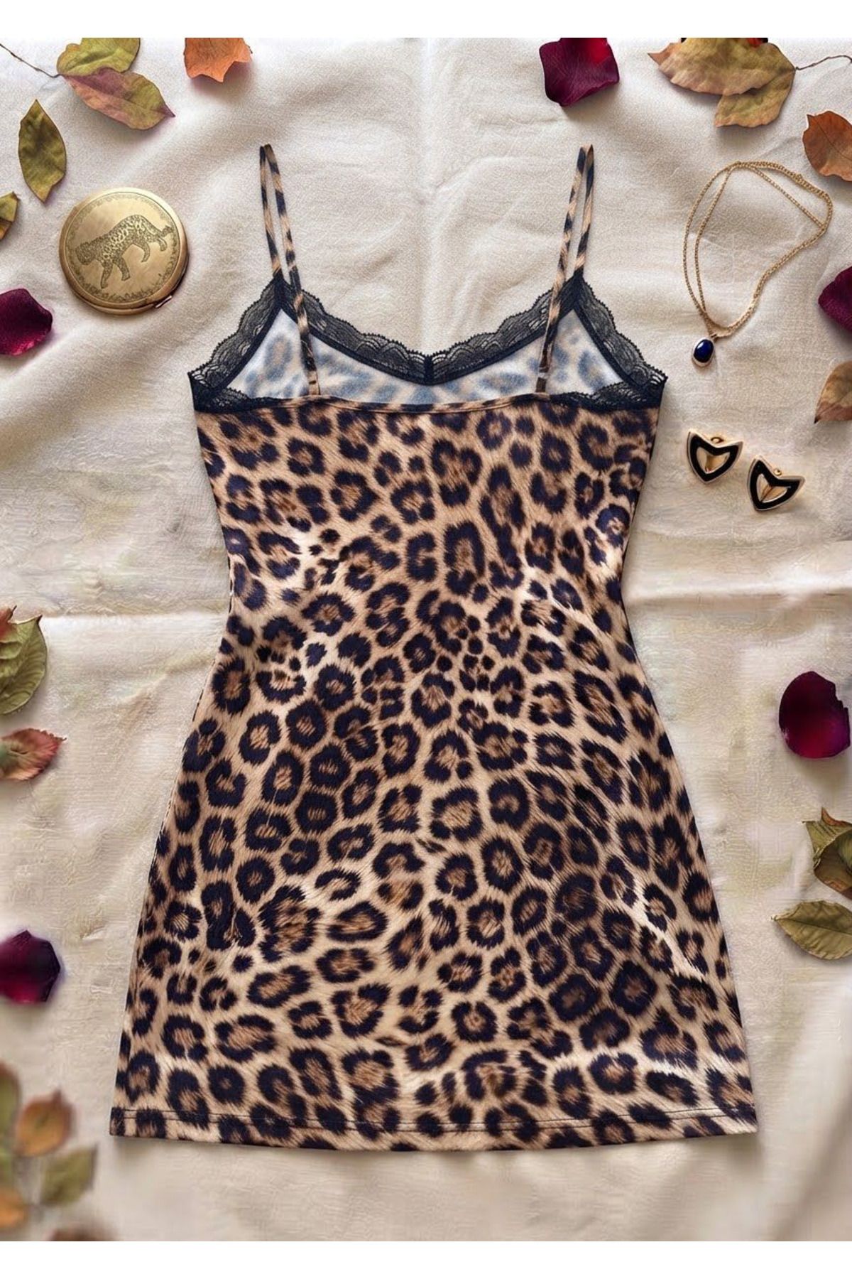 laseni underwear Kadın Leopar Desenli Yeni Bacak Yırtmaçlı Dantel İşlemeli ve Fiyonklu Çok Renkli Gecelik Laseni görsel 8