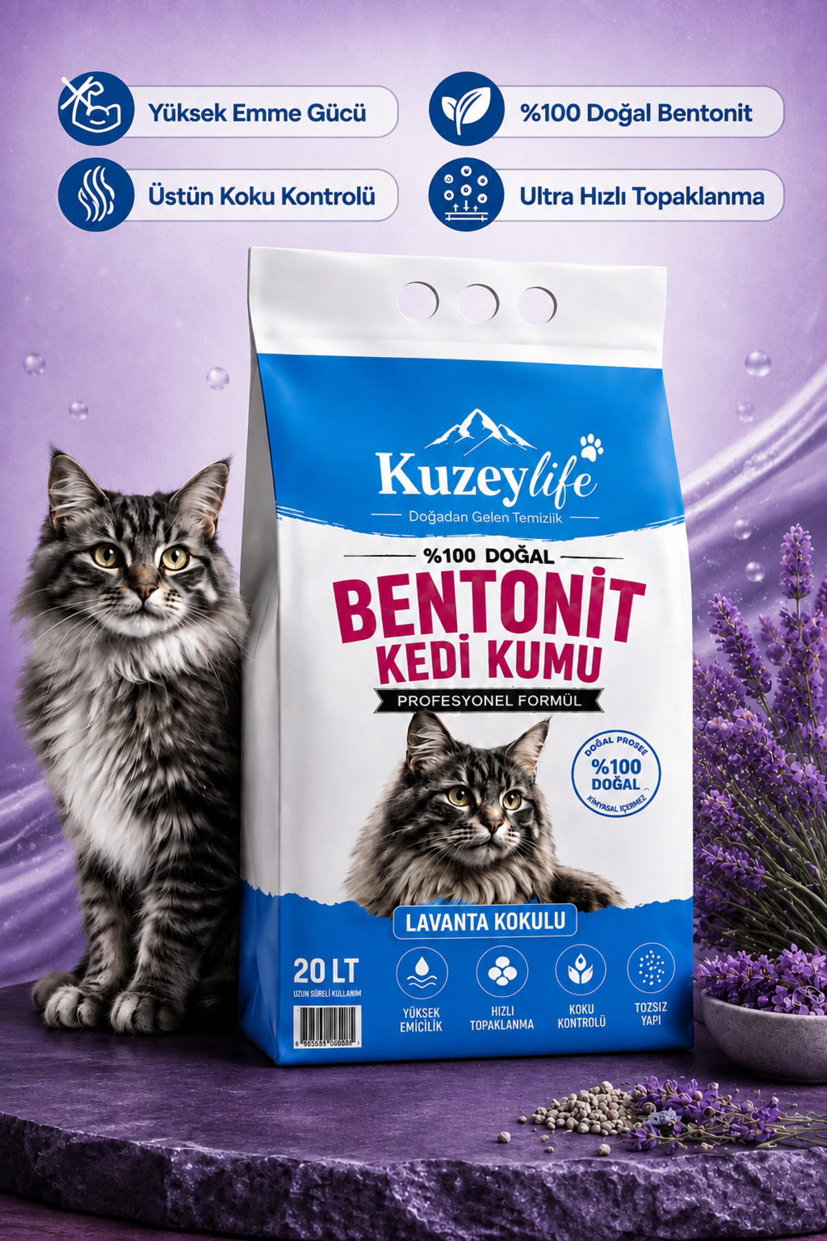 KuzeyLife Bentonit Kedi Kumu Lavanta Kokulu 20 Lt