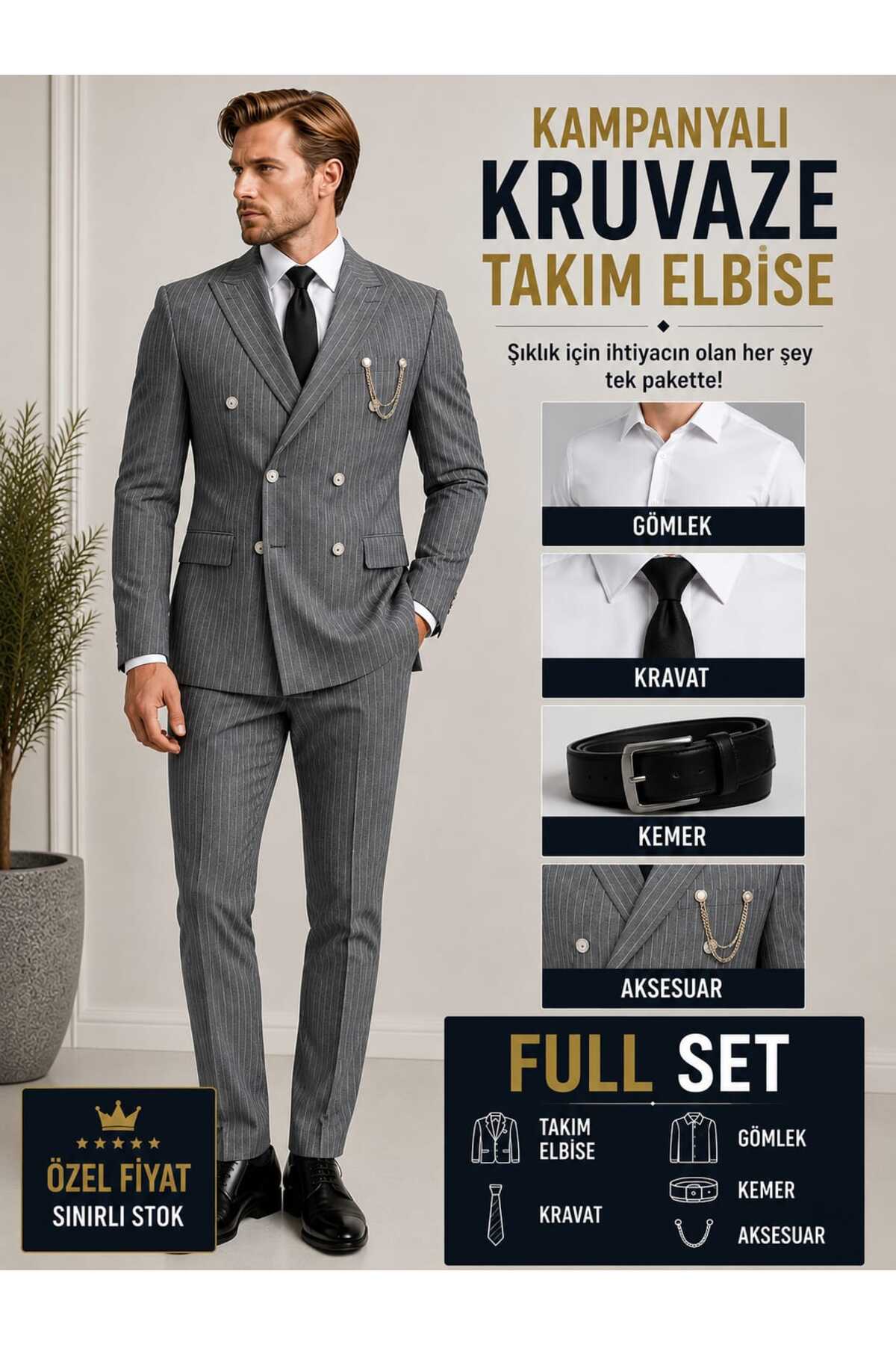 KRUVAZE FULL SET GRİ TAKIM ELBİSE DAR KESİM — خاکستری KRV01