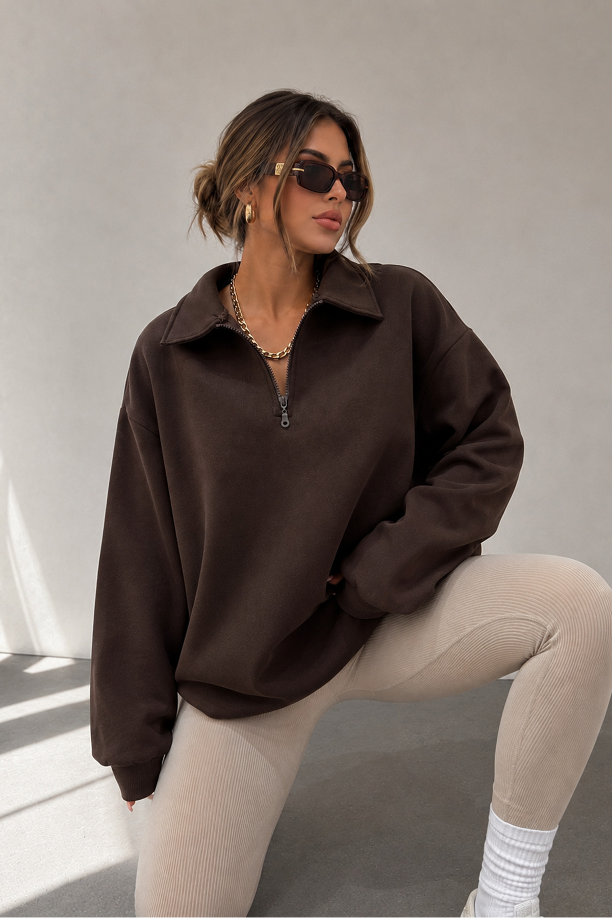 Sun Victoria Kadın Kahverengi Polo Yaka Oversize 3 Iplik Şardonlu Sweatshirt görsel 5