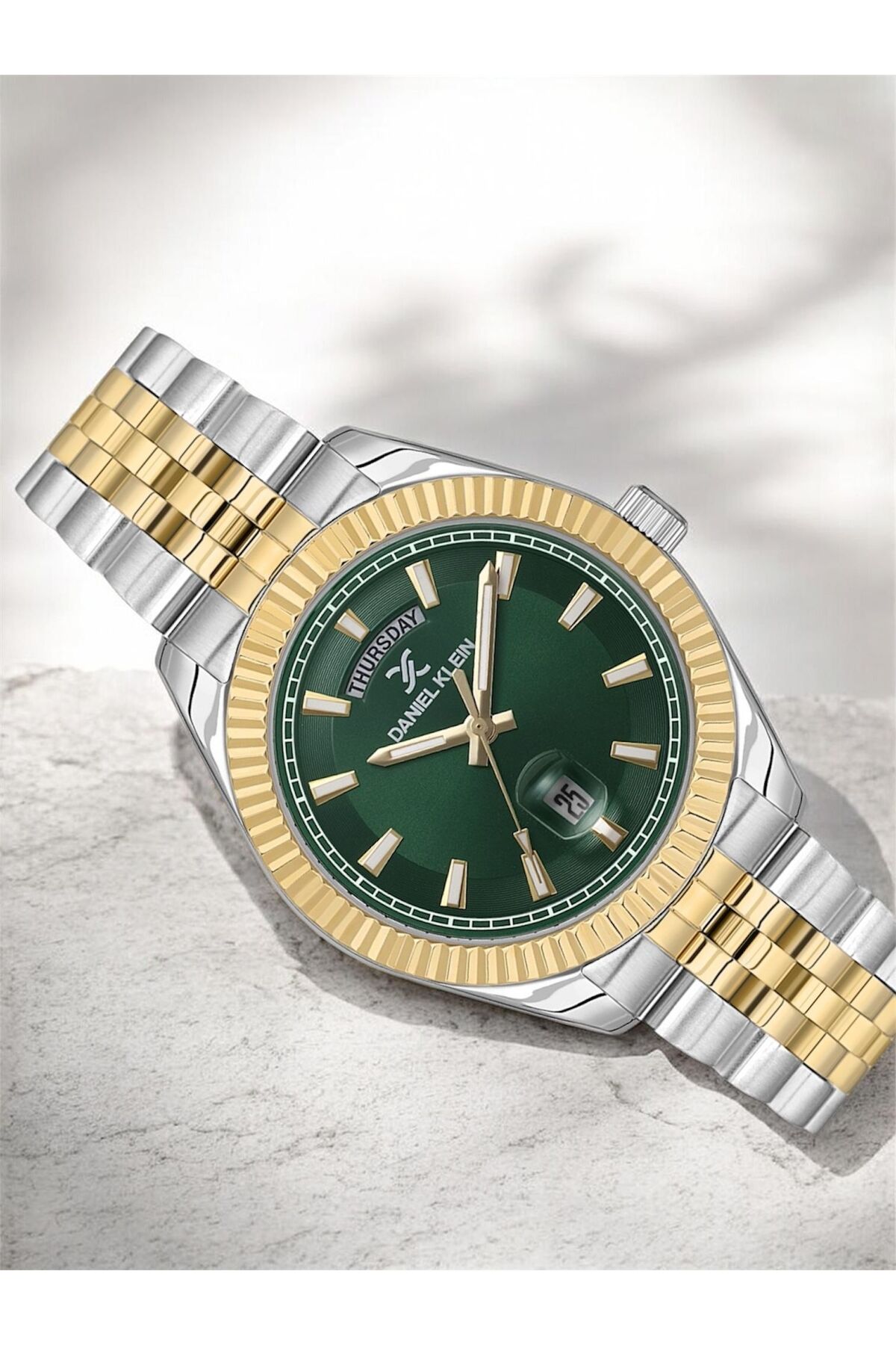 Daniel Klein Rolex Kasa İçi Yeşil Sarı Gümüş Kordon Erkek Kol Saati Su Geçirmez 2 Yıl Garantili görsel 2