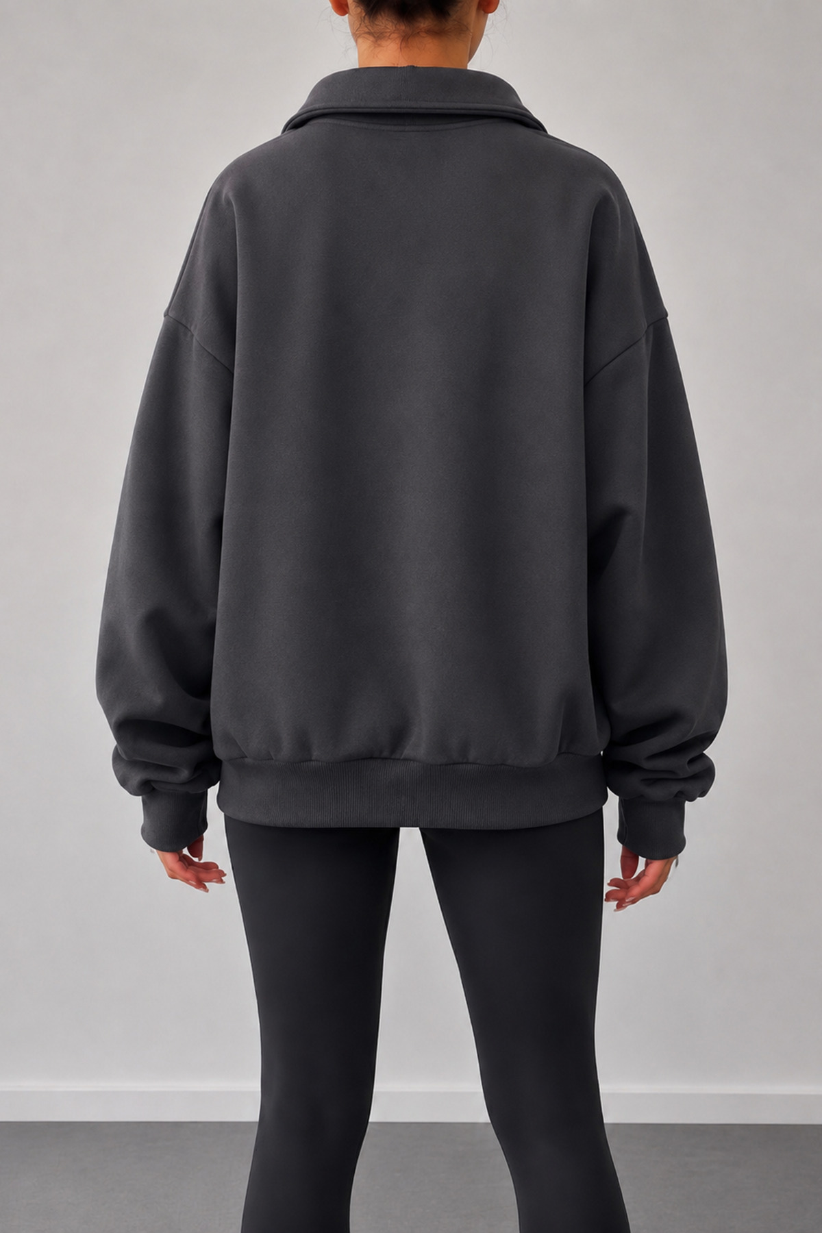 Sun Victoria Kadın Antrasit Polo Yaka Oversize 3 İplik Şardonlu Sweatshirt görsel 5