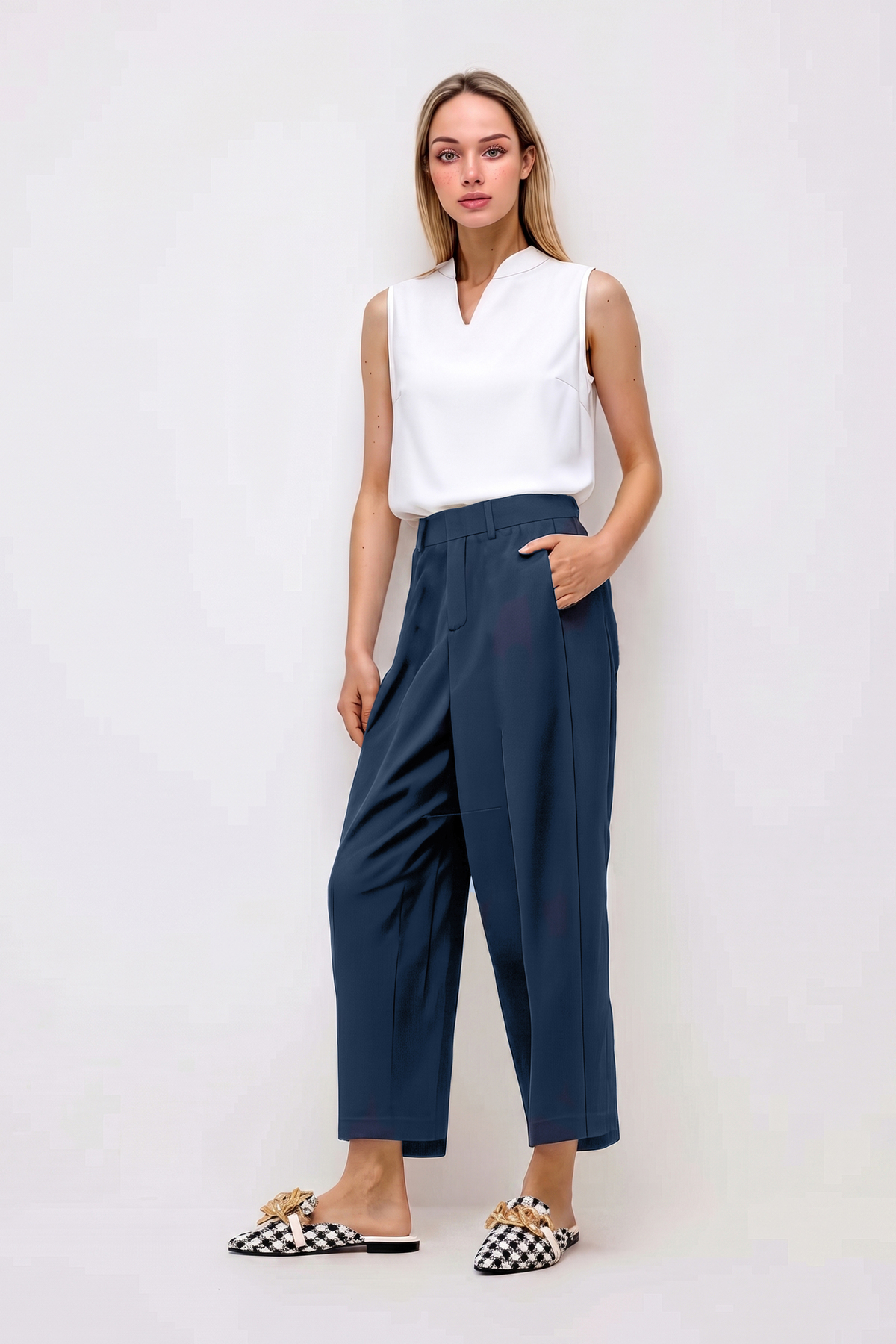 LA PANTE Kadın Pantolon Barrel Pantolon Cloutte Pantolon Yüksek Bel Şık Boyfriend Geniş Paça Lacivert Kumaş Pantolon görsel 2