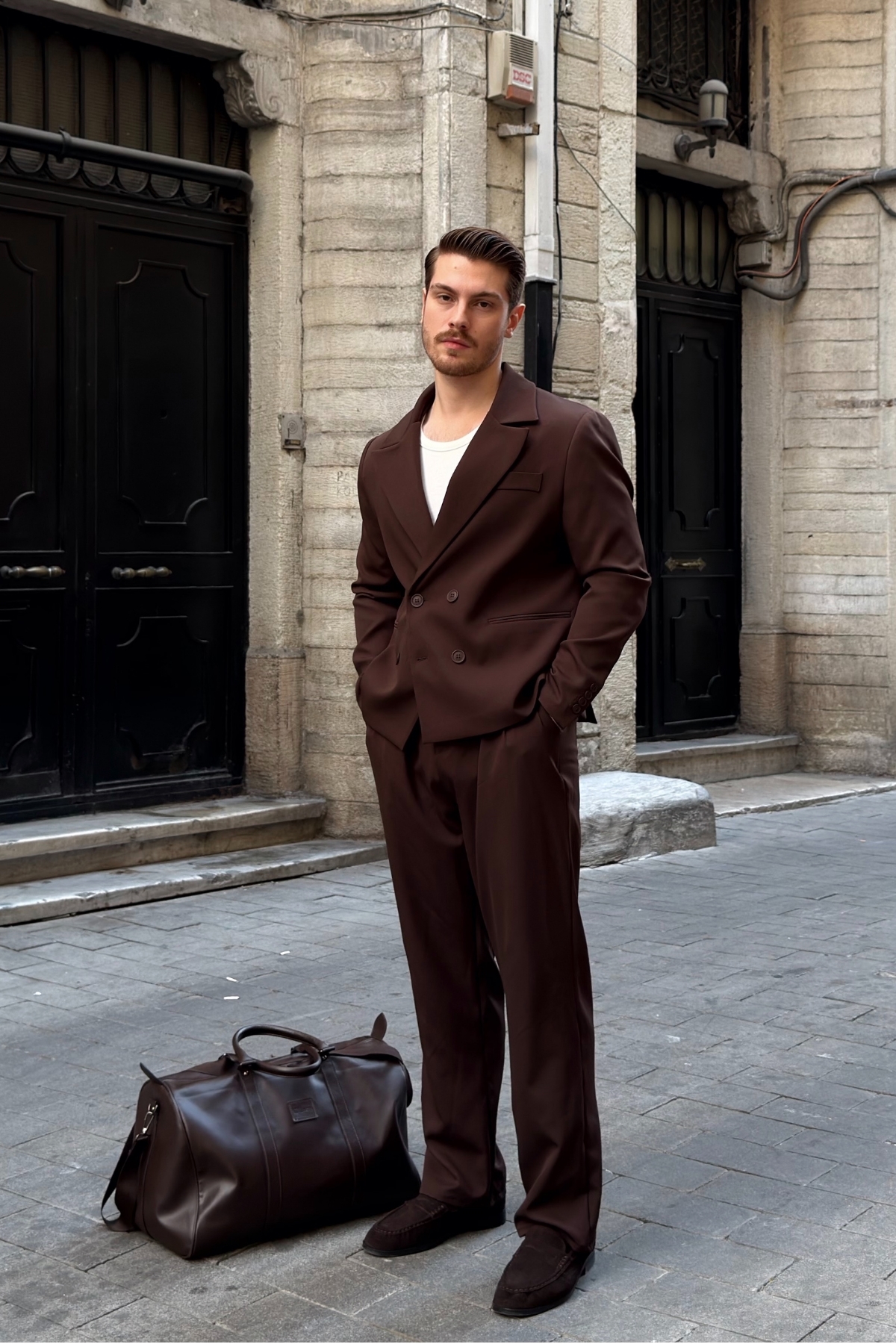 Livio Ferri Aral Premium Kruvaze Boxy Ceket Baggy Pileli Pantolon Kahverengi Erkek Takım görsel 4